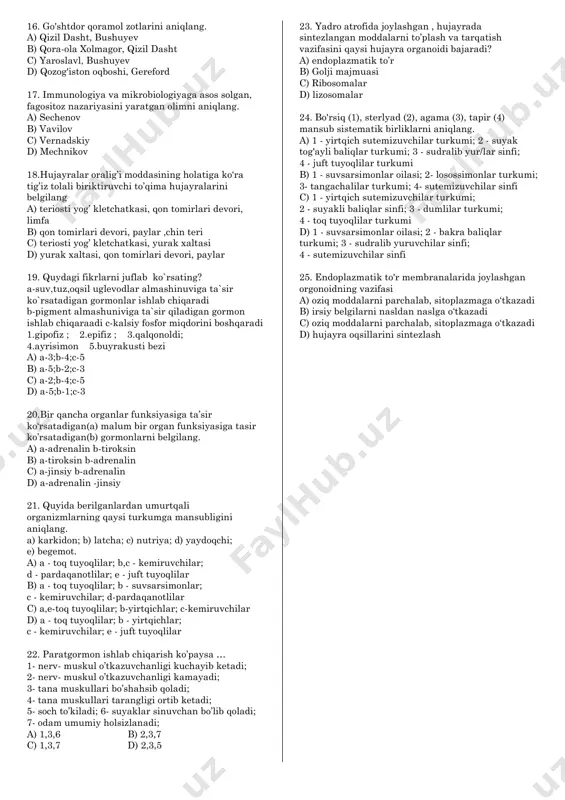 uyrakusti bez 7. nuqtalar o'rniga mos javobni tanlang. antitoksinlar .... a) mikroblar ajratadigan zaharli moddalarni parchalovchi va neytrallovchi moddalar b) organizmga kirgan begona moddalar c) organizmga kirgan mikroblarni bir-biriga yopishtirib, eritib yuboruvchi moddalar d) organizmlarning o'zaro salbiy munosabatlari 8. sog'lom odam chap qo'lining erkin suyaklari tuzilishiga ko'ra qanday suyaklardan iborat? 1) uzun g'ovak; 2) kalta g'ovak; 3) uzun naysimon; 4) g'alvirsimon; 5) kalta naysimon; 6) yassi. a) 2, 3, 5 в) 1, 4, 6 c) 3, 4, 6 d) 1, 2, 5 9. nuqtalar o‘rnini to’ldiring. a) ii guruh qonli odamlar ... guruhga donor bo‘ladi; b) iv guruh qonli odamlar ... guruhga donor bo'ladi; с) ii guruh qonli odamlar ... guiuh uchun retsipiyent bo1 ladi; d) iv guruh qonli odamlar ... guruh uchun retsipiyent bo‘ladi a) a - iv; b - iv; с - ii; d – ii b) a - ii; b - iv; с - iii; d - …