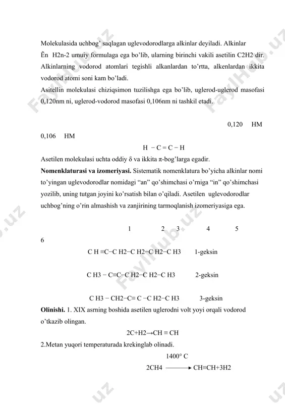 880 (25°c da) 1-pentin ch≡c−ch2−ch2−ch3 -98 40 0,695 2-pentin ch3−c≡c−ch2− ch3 -101 55 0,714 kimyoviy xossalari. alkinlarning asosiy kimyoviy xossalaridan biri ular π-bog’larini oson uzilishi hisobiga birikish reaksiyasiga kirishidir. oddiy σ-bog’ning −c−c−energiyasi 81 kkal/molga teng, uchbog’ −c≡c niki esa 199 kkal/molga teng, u holda π-bog’ 199-81 ═59 kkal/mol enrgiyaga ega bo’ladi. 2 asetilen molekulasidagi c―h gruppada juft elektronlar uglerod atomiga ko’proq siljigani uchun undan vodorod atomi oson ajraladi. bu esa molekulaga kislota xususiyatini beradi, natijada vodorod atomlari metallarga o’rnini bradi. vodorod va galoidlarning birikishi. bu reaksiya ikki bosqichda ketadi, avval bir molekula birikib alkenlar, so’ngra ikkinchi molekula birikib alkanlar hosil qiladi. +h2 +h2 h―c ≡ c — h ch2= ch3—ch3 ni etin eten etan br br +br2 +br2 │ │ h—c≡c― h h―c=c—h h—c—c—h │ │ br br br br 1,2-dibrometen 1,1,2,2-tetrabrometan vodorod galogenidlarning birikishi.bu reaksiya v.v markovnikov qoidasiga asosan boradi: cl │ ch3—c≡ch― h cl ch3=ch2+hcl→ch3—c—ch3 │ cl cl …