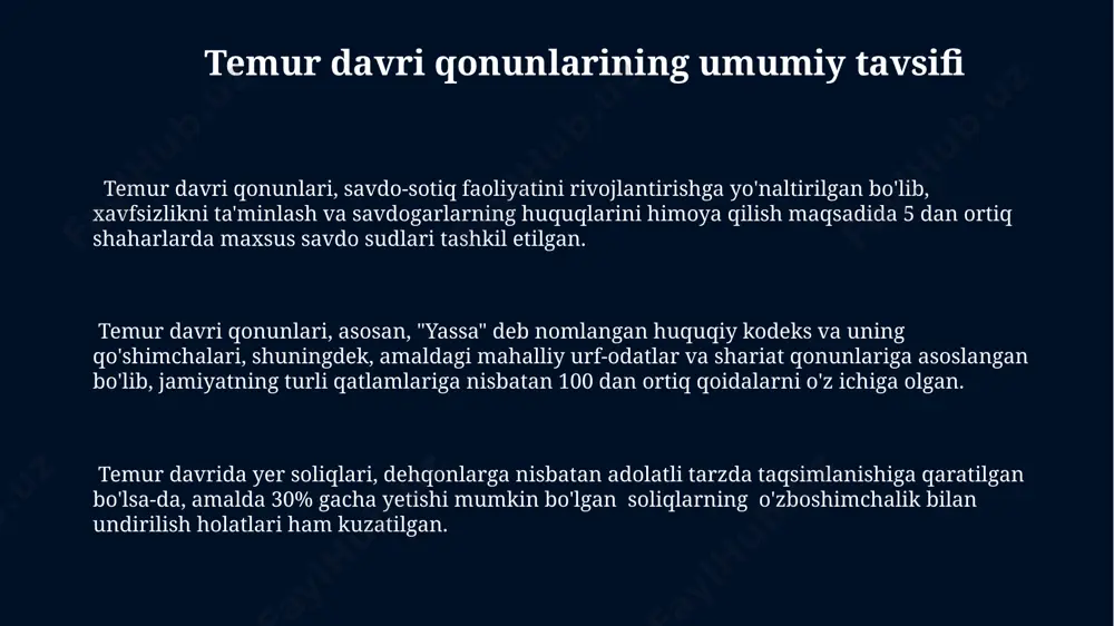 tabiiy boyliklar тимурийлар давридаги қонунлар ўрмонларни кесишга қатъий чекловлар белгилаб, 100 дарахтдан ортиқ кесишга рухсат берилмаган. бу табиий бойликларни муҳофаза қилишга йўналтирилган. чўл ҳудудларини ўрмонлаштиришга оид 15 тага яқин фармонлар мавжуд бўлиб, уларда кўчат экиш меъёрлари ва жарималар миқдори аниқ белгиланган. бу чўл ҳудудларини яшил майдонга айлантиришга хизмат қилган. сув ресурсларини бошқариш бўйича ҳужжатларда 50 дан ортиқ канал ва ариқларнинг қурилиши ва таъмирига оид маълумотлар сақланиб қолган. бу суғориш тизимининг самарадорлигига таъсир кўрсатган. armiya va harbiy ishlarni tartibga solish harbiy yurishlarni rejalashtirish va o'tkazish bo'yicha aniq ko'rsatmalar mavjud bo'lib, ular qo'shinlarning harakatlari, lager qurish va jang taktikasi kabi jihatlarni qamrab olgan. amir temur davrida armiyaning soni 100,000 dan ortiq askarlardan iborat bo'lib, ularning ta'minoti va qurollanishiga alohida e'tibor qaratilgan. qo'shin ichidagi intizom va tartibni saqlash uchun qattiq jazo choralari belgilangan, masalan, qo'zg'olon yoki itoatsizlik uchun o'lim jazosi qo'llanilgan. temur davri qonunchiligining jahon tajribasidagi o'rni temur qonunlari, jumladan "temur tuzuklari" kabi …