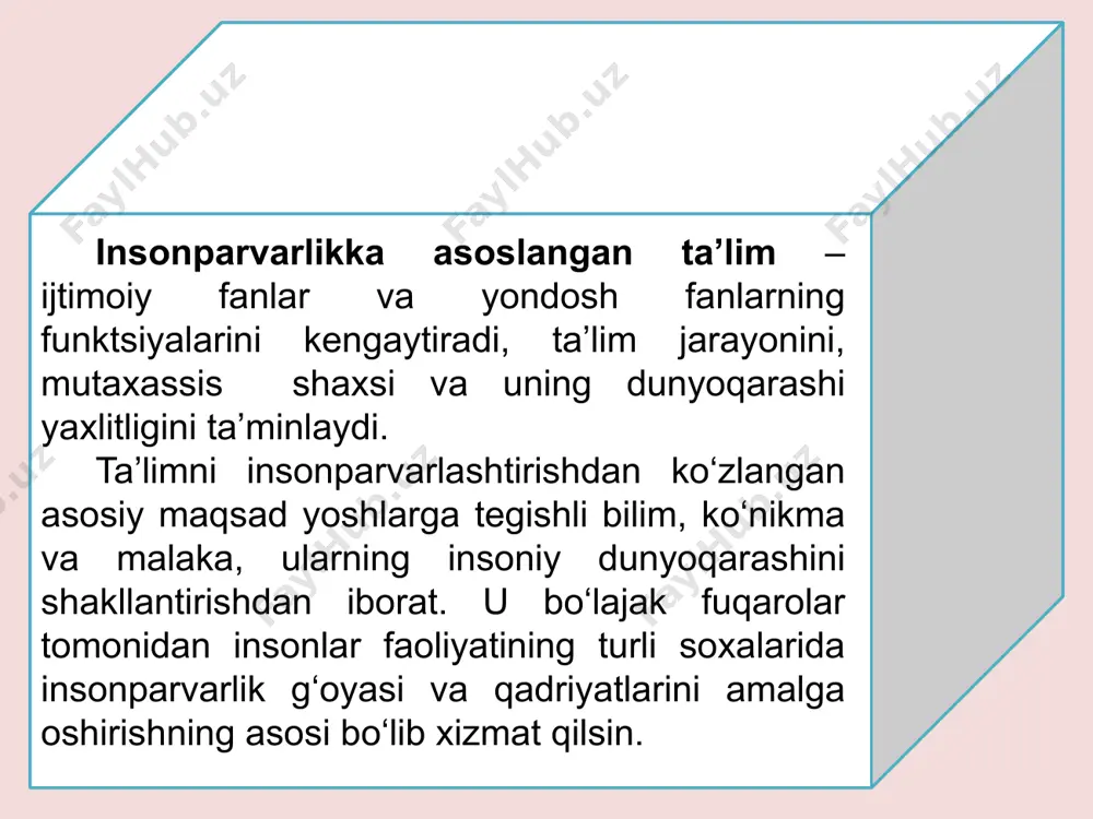 lish; ular bilan muloqotga kirishishda axloq me’yorlarga amal qilish (hurmat, haqqoniyat. hushmuomilalik, alohida etibor va h.k.) rahbarlar yoki yetakchi tashkilotlarga nisbatan yetuk majburiy o‘z kasbi oldidagi axloq majburiyatlar, ya’ni o`z kasbining mazmuni va mohiyatini anglash, mas’uliyatni his etish, faollik ko ‘rsatish va h.k. ijtimoiy pedagogik faoliyat xar doim aniq bir bolaga va uning ijtimoilashuviga, uni jamiyatga integratsiyalash jarayonida yuzaga keladigan muammolarini xal etishga yo‘naltirilgan bo‘ladi. kasbiy faoliyat tuzilmasi — har qanday faoliyat o`z tuzilmasiga egadir. ular faoliyat elementlarining o‘zaro bog‘liqligini va o‘zaro shartlarini aniqlaydi. ijtimoiy pedagog faoliyati tuzilmasi quyidagi komponentlardan iborat: sub’ekt (faoliyatni amalga oshiruvchi tomon), ob’ekt (faoliyat yo‘naltirilgan tomon), maqsad (faoliyat orqali nimaga intilinadi), vazifa (faoliyat orqali nimalar amalga oshiriladi), vositalar (faoliyat qaysi usul yoki texnika yordamida amalga oshiriladi). ijtimoiy pedagog faoliyatidagi muxim yo‘nalish — bu bmt konventsiyasida e’lon qilingan bolaning yashashga, sog‘lom shakllanishiga, ta’lim olishiga, o‘z qarashlarini erkin ifoda etishiga, kamsitishning xar qanday turidan ximoyalashga qaratilgan xuquqlarini ximoya …
