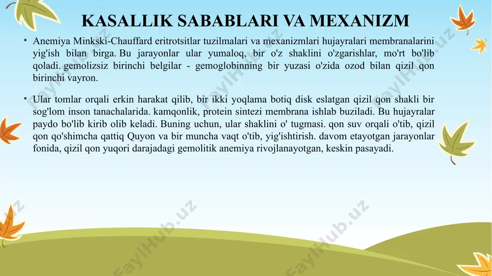 n hujayralari. bu qat'iylikka olib keladi, o'roq- muayyan sharoitlarda o'xshash shakl. o'roqsimon hujayralardagi muammolar odatda 5 oydan 6 oygacha boshlanadi. bir qator sog'liq muammolari rivojlanishi mumkin, masalan, og'riq xurujlari ("o'roqsimon hujayralar inqirozi"), anemiya, qo'l va oyoqlarda shish paydo bo'lishi, bakterial infektsiyalar va qon tomir.uzoq muddatli og'riq odamlar qarishi bilan rivojlanishi mumkin o'rtacha umr ko'rish davomiyligi rivojlangan dunyo 40 yoshdan 60 yoshgacha. tug'ma dizertropoetik anemiya tug'ma dizertropoetik anemiya (cda) ga o'xshash nodir qon kasalliklari talassemiya. cda ko'plab turlardan biridir anemiyabilan tavsiflanadi samarasiz eritropoezva sonining kamayishi natijasida kelib chiqadi qizil qon hujayralari tanadagi (rbc) va qondagi normal miqdordan kam gemoglobin. paroksismal tungi gemoglobinuriya paroksismal tungi gemoglobinuriya (pnh) noyob, sotib olingan,qon bilan tavsiflangan hayot uchun xavfli kasallik qizil qon hujayralarini yo'q qilish tomonidan komplement tizimi, tananing bir qismi tug'ma immunitet tizimi. ushbu halokatli jarayon nuqsonli sirt oqsili borligi tufayli yuzaga keladi daf ustida qizil qon tanachasi, odatda bunday immun reaktsiyalarni inhibe qilish uchun …