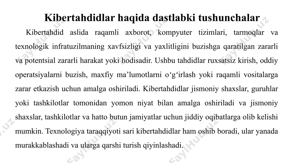 ilayotgan mafkuraviy yoki siyosiy motivlarga tayanishi mumkin. milliy davlatlar va razvedka idoralari raqobatdosh davlatlarga kiber josuslik yoki kiberhujumlar orqali strategik, siyosiy yoki iqtisodiy manfaatlar uchun kibertahdidlar bilan shugʻullanishi mumkin. axborot xavfsizligida kibertahdidlarni tahlil qilish kibertahdidlar turli shakllarda namoyon boʻlishi mumkin, masalan: zararli dasturiy ta’minot: viruslar, qurtlar, troyanlar va toʻlov dasturlarini oʻz ichiga olgan zararli dastur, ma’lumotlarni buzish yoki maqsadli tizimlarni masofadan boshqarish uchun tizimlarga kirib boradi. fishing: odamlarni aldash uchun elektron pochta, veb-saytlar yoki boshqa aloqa usullaridan foydalangan holda parollar yoki moliyaviy ma’lumotlar kabi muhim ma’lumotlarni oshkor qiladigan aldash usullari. axborot xavfsizligida kibertahdidlarni tahlil qilish ekspluatatsiyalar: ruxsatsiz kirish, kodni bajarish yoki boshqa zararli harakatlarni amalga oshirish uchun dasturiy ta’minot, apparat yoki tarmoq konfiguratsiyasidagi zaifliklardan foydalanish. ijtimoiy muhandislik: odamlarni maxfiy ma’lumotlarni oshkor qilish yoki xavfsizlikka putur etkazadigan ishlarni qilish uchun aldash uchun inson psixologiyasidan foydalanadigan manipulyatsiya taktikasi. axborot xavfsizligida kibertahdidlarni tahlil qilish ichki hujumlar: xodimlar yoki ishonchli shaxslar qasddan yoki qasddan …