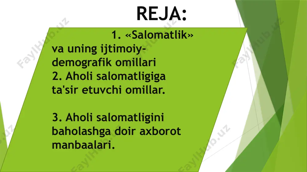 shga sezilarli ta’sir ko‘rsatadi. kambag‘allik va ishsizlik sog‘liqni saqlash imkoniyatlarini cheklashi mumkin. 5. oilaviy holat. nikohda bo‘lgan kishilar odatda ijtimoiy qo‘llab-quvvatlashga ega bo‘lib, bu ularning ruhiy va jismoniy sog‘lig‘iga ijobiy ta’sir qiladi. yolg‘iz yoki ajrashgan kishilar esa ko‘proq stressga duchor bo‘lishi mumkin. 6. hududiy yashash joyi. qishloq yoki shahar joylarda yashash sharoitlari salomatlikka turlicha ta’sir qiladi. shaharda tibbiy xizmatga kirish osonroq bo‘lsa-da, ekologik muammolar sog‘liqni yomonlashtirishi mumkin. 7. millat va madaniyat. turli madaniy qadriyatlar va an’analar sog‘liqni ta’minlash usullariga ta’sir qiladi. ayrim millatlarda genetik moyilliklar ba’zi kasalliklarga olib kelishi mumkin. 8. diniy e’tiqod diniy e’tiqodlar sog‘lom turmush tarzi, oziqlanish va odatlarning shakllanishiga ta’sir ko‘rsatadi. 9. ekologik omillar. iqlim va atrof-muhit salomatlik holatiga sezilarli ta’sir qiladi. sifatli ichimlik suvi, toza havo va gigiyena sharoitlari sog‘liq uchun muhim. ijtimoiy-demografik omillarni tahlil qilish va hisobga olish sog‘liqni saqlash siyosatini samarali shakllantirishda yordam beradi. aholi salomatligiga ta’sir etuvchi omillar obyektiv omil subyektiv omil bashariyat …