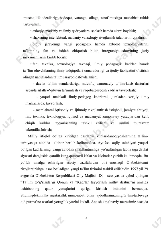 ix sessiyasida qabul qilingan “ta’lim to‘g‘risida”gi qonun va “kadrlar tayyorlash milliy dasturi”ni amalga oshirishning qator yutuqlarini qo‘lga kiritish imkonini bermoqda. shuningdek,milliy mustaќillik munosabati bilan ajdodlarimizning ta’lim-tarbiyaga oid purma’no asarlari yorug‘lik yuzini ko‘rdi. ana shu ma’naviy merosimiz asosida yoshlarni vatanga bo‘lgan sadoqatini yuksaltirishda foydalanish kunning dolzarb vazifalaridandir. kurs ishining maqsadi: sharq mutafakkirlari me’rosida yoshlarni vatanparvarlik ruxida tarbiyalash haqidagi ilg‘or qarashlarini o‘rganishning metodlari, mezonlari va mexanizmini ishlab chiqish hamda amaliyotga tadbiq etish yo‘llarini aniqlash. kurs ishining ob’ekti: sharq mutafakkirlari me’rosida yoshlarni vatanparvarlik ruxida tarbiyalashning o‘ziga xos xususiyatlarini o‘rganish jarayonlari faoliyati kurs ishining predmeti: .sharq mutafakkirlari me’rosida yoshlarni vatanparvarlik ruxida tarbiyalashning mazmuni, mohiyati va usullari. kurs ishining metodi. mazkur mavzuga oid falsafiy, sotsiologik, tarixiy, pedagogik va psixologik metodik adabiyotlarni o‘rganish; suhbat, kuzatish, anketa-so‘rovnomalar, trening, debat, muammo yuzasidan to‘plangan pedagogik tajribalarni o‘rganish va tahlil qilish. kurs ishining vazifalari: · mazkur ta’limotning o‘rni va ahamiyatini ko‘rsatish; · muammoga oid ilg‘or tajribalarni o‘rganish va tahlil qilish; …
