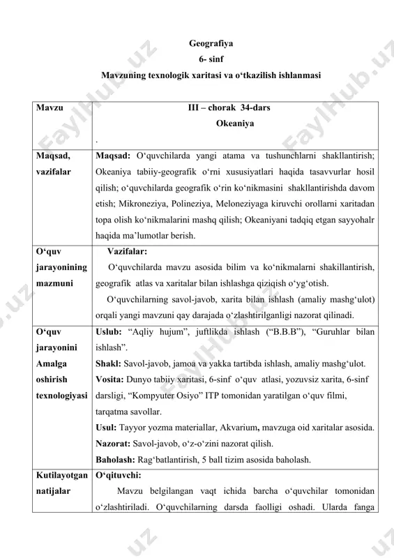 vob berishga o‘rgatiladi. o‘quvchi: mavzu yuzasidan yangi bilimga ega bo‘ladilar. guruhlar bilan ishlashni o‘rganadilar, eslab qolish, ayta olish, ko‘rsata olish ko‘nikma va malakalarga ega bo‘ladilar kelgusi rejalar (tahlil, o‘zgarishlar) o‘qituvchi: yangi pedagogik texnologilarni o‘zlashtiradi va darsda tatbiq etib, takomillashtirishga erishadi. o‘z ustida ishlaydi. mavzuni hayotiy voqiyalar bilan bog‘laydi va solishtiradi. o‘quvchi: mavzu yuzasidan berilgan topshiriq ustida mustaqil ishlashi o‘rganadi. o‘z fikrini ravon bayon eta oladi. guruh fikrini tahlil qilib, bir yechimga kelish malakasini hosil qiladi. yangi mavzuga oid qo‘shimcha materiallar topishga harakat qiladi. mashg‘ulotning borishi dars rejasi: 1. o‘qituvchining kirish so‘zi. (2 daqiqa) 2. guruhlarga bo‘linib ishlashni tashkillashtirish. (2 daqiqa) 3. guruh a’zolariga juftlikda ishlash uchun topshiriq berish. (6 daqiqa) 4. yangi mavzu bayoni ( 7 daqiqa) 5. yozuvsiz xaritaga okeaniyaga kiruvchi yirik orollarni tushirish. (8 daqiqa) 6. guruhlar taqdimoti (10 daqiqa) 7. mavzuni mustahkamlash (5 daqiqa) 8. o‘qvchilarni baholash ( 3 daqiqa) 9. uyga vazifa. (2 daqiqa) darsning borishi: …