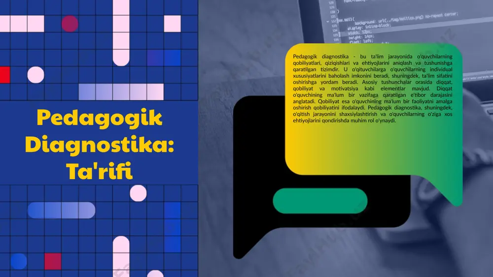 lari va kamchiliklari mavjud. masalan, testlar tez va oson baholash imkonini beradi, ammo ular o'quvchilarning chuqur tushunchalarini o'lchamaydi. kuzatish esa o'quvchilarning haqiqiy xulq-atvorini ko'rsatadi, lekin vaqt talab etadi. o'ziga xos metodlar yordamida o'quvchilarning kuchli va zaif tomonlarini aniqlab olish mumkin. bu esa ta'lim jarayonini shaxsiylashtirish va o'quvchilarning ehtiyojlariga mos ravishda o'zgartirish imkonini beradi. 02 01 03 diagnostik usullarni tanlash tanlashda e'tiborga olinadigan omillar diagnostik usullarni tanlashda bir qancha omillar, masalan, maqsad va o'quvchilarni hisobga olish zarur. har bir metodning afzalliklari va kamchiliklarini tahlil qilish muhimdir. zarur shartlar har bir diagnostik usulni qo'llash uchun zarur shartlar mavjud. masalan, o'quvchi guruhining o'ziga xos xususiyatlari va resurslar mavjudligi. misollar turli diagnostik usullar, masalan, testlar, kuzatuvlar va intervyular, o'zaro turlicha sharoitlarda qo'llanilishi mumkin. har bir usulning o'ziga xos afzalliklari bor. natijalarni tahlil qilish natijalarni tahlil qilishda, olingan ma'lumotlarni to'g'ri baholash va ularni o'quv jarayonini yaxshilash uchun qo'llash muhimdir. 01 02 03 04 o'qitishda diagnostika: …