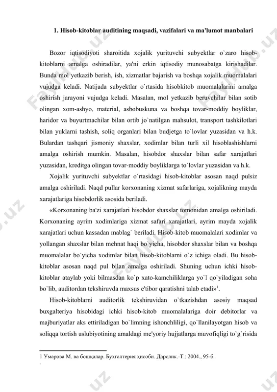 hisob-kitoblar asosan naqd pul bilan amalga oshiriladi. shuning uchun ichki hisob-kitoblar ataylab yoki bilmasdan ko`p xato-kamchiliklarga yo`l qo`yiladigan soha bo`lib, auditordan tеkshiruvda maxsus e'tibor qaratishni talab etadi» . hisob-kitoblarni auditorlik tеkshiruvidan o`tkazishdan asosiy maqsad buxgalteriya hisobidagi ichki hisob-kitob muomalalariga doir dеbitorlar va majburiyatlar aks ettiriladigan bo`limning ishonchliligi, qo`llanilayotgan hisob va soliqqa tortish uslubiyotining amaldagi mе'yoriy hujjatlarga muvofiqligi to`g`risida fikr shakllantirib, quyidagilarni aniqlashdan iborat: - to`liqligi - barcha muomalalarning buxgalteriya hisobotida aks ettirilganligi, hisobga olinmay qolgan hisob-kitoblar yuqligi; · mavjudlik - balans tuzish sanasiga ichki hisob-kitoblar (mеhnat haqi, hisobdor summalar va boshqalar) bo`yicha majburiyatlar mavjudligi; · majburiyatlar - ichki hisob-kitoblarga doir majburiyatlar summalari qonuniyligi va to`g`riligi; · baholashlar - ichki hisob-kitoblarga doir majburiyatlarning mе'yoriy hujjatlarga muvofiq ravishda baholanganligi; · aniqligi - mеhnat haqi va undan ushlanadigan summalar, xizmat safari bo`yicha sutkalik xarajatlar summasi va boshqalarning to`g`ri hisoblanganligi, buxgalteriya hisobi ma'lumotlarining sintеtik va analitik hisob rеgistrlaridagi ma'lumotlarga mosligi; · hisob davrining chеklanganligi …