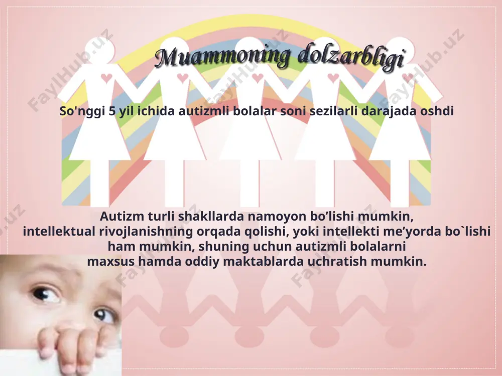 ga faqat momaqaldiroqsiz, va chaqmoqsiz qarashni yaxshi ko'radilar. masalan: hamma "oddiy" odamlar. agar siz yolg'iz qolishni xohlasangiz, yomg'irda ham befarq bo'lmaysiz. 1943 yilda amerikalik olim leo kanner bolalardagi autizmning birinchi ta'rifini berdi. natijada, bolalar va o'smirlarning shaxsiy-emotsional sohasidagi buzilishlar - erta bolalik autizm sindromi, rda sindromi, "kanner sindromi" deb ataladi. bolalik autizmining 4 guruhi mavjud 1. nima sodir bo'layotganidan to'liq ajralish. 2. atrof-muhitni rad etish. 3. autistik qiziqishlar bilan mashg'ullik. 4. atrof-muhit bilan o'zaro munosabatlardagi qiyinchiliklar. 1. autizm bilan og'rigan bolalarning ko'pchiligi homila rivojlanishi yoki tug'ish paytida yuzaga kelgan markaziy asab tizimining organik shikastlanishi belgilarini ko'rsatadi. 2. autizm irsiy anomaliya bo'lishi mumkin va gen darajasida yuqishi mumkin. 3. gormonal va immunitetning buzilishi, og'ir metallarning tuzlari bilan zaharlanish yoki tanadagi sink etishmasligi. 4. ehtimol, kasallikning namoyon bo'lishi bolalik davridagi emlashlarni qo'zg'atishi mumkin. 5. oiladagi munosabatlar, atrof-muhit, yashash sharoitlari, uzoq davom etgan depressiya. bolalardagi autizmning asosiy belgilari 1. otistik bola nigohini boshqa …
