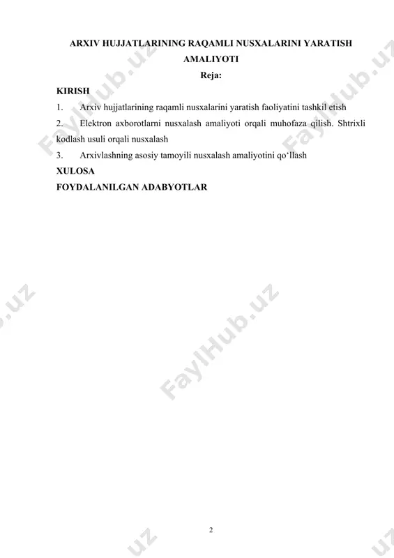 mi haqiqiyligini tekshirishda qollaniladi. elektron arxivlaming o‘ziga xos jihatlaridan biri, bu ishning samaradorligini oshirishidir. hozirda axborot texnologiyalaming jadal rivojlanishi yozuv mashinada yaratilgan elektron hujjatlar hamda yangi elektron hujjat turlari paydo bolmoqda. o‘z navbatida, bu jarayonlar hujjatlar hajmining oshishini keltirib chiqaradi hamda ish yuritishda muammolarga sabab boladi. mazkur muammoning samarali yechimi hujjatlami skanerlash hamda elektron arxivlami yaratish hisoblanadi. aynan elektron arxivlar zamonaviy tashkilotlarda samarali ish yuritishning zaruriy shart-sharoiti bo‘lib qoldi. 1. arxiv hujjatlarining raqamli nusxalarini yaratish faoliyatini tashkil etish arxiv hujjatlari insoniyat tarixining muhim manbalaridir. ular tarixiy voqealar, madaniy meros va ilmiy tadqiqotlar haqida ma'lumotlarni o'z ichiga oladi. biroq, an'anaviy qog'oz hujjatlari vaqt o'tishi bilan zarar ko'rishi, yo'qolishi yoki parchalanishi mumkin. shu sababli, arxiv hujjatlarining raqamli nusxalarini yaratish faoliyati zamon talabiga javob beruvchi muhim jarayon hisoblanadi. ushbu esse arxiv hujjatlarining raqamli nusxalarini yaratish faoliyatini tashkil etishning ahamiyatini, jarayonlarini va muammolarini ko'rib chiqadi. raqamli nusxalar qog'oz hujjatlarning fiziki holatini saqlab qolish imkonini …