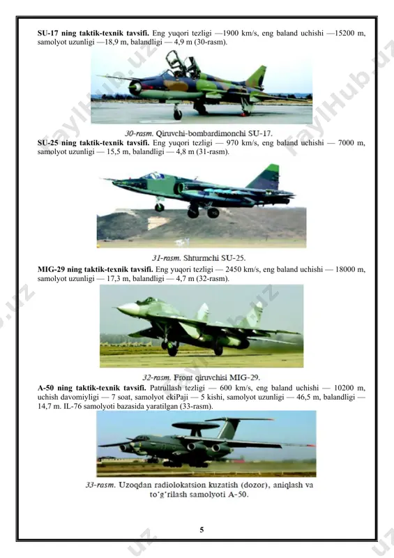 xil to‘g‘rilanuvchi 125 mm silliq devorli to‘p va unga juftlashtirilgan 7,62 mm.li pkt pulemyoti va 12,7 mm kalibrli zenit pulemyoti bilan qurollangan (25-rasm). taktik-texnik tavsifi. tank og‘irligi — 44000 kg, dvigatelning yuqori quvvati — 840 ot kuchi, tuproq yo‘lda harakatlanishning o‘rtacha tezligi 35—45 km/s, shosseda — 50 km/s, shossedagi eng yuqori tezligi — 60 km/s, shosseda yurish zaxirasi — 700 km, tuproq yo‘lda 460—650 km, o‘ta oladigan to‘siqlari: eng yuqori ko‘tarilish burchagi — 30°, eng katta kren — 25°, chuqurlik kengligi 2,6—2,8 m, devor balandligi — 0,88 m, o‘ta oladigan suv havzasi chuqurligi 1,2—1,8 m. jangovar vertolyotlar mi-24 b ning taktik-texnik tavsifi. bo‘sh vertolyotning og‘irligi — 8500 kg, dvigatel quvvati — 2225 ot kuchi, eng yuqori tezligi — 320 km/s, uchishining eng yuqori balandligi — 4600 m, uchish uzoqligi — 1000 km, ekipaji — 3 kishi (uchuvchi, operator va bort texnigi, 26-rasm). ka-52 «alligator»ning taktik-texnik tavsifi. bo‘sh vertolyotning og‘irligi — …