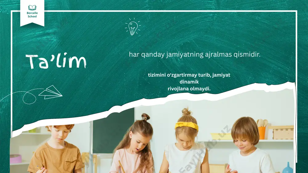 oliyatini muvaffaqiyatli amalga oshirish sharti hisoblangan, bilim ko‘nikma va malakalarni egallash dinamikasida yuzaga chiqadigan farqlarda namoyon bo‘ladigan individual psixologik xususiayti qobiliyatlar deyiladi. pedogogik qobiliyat - bu qobiliyat turlaridan biri bo‘lib, kishing pedagogik faoliyatiga yaroqliligini va shu faoliyat bilan muvaffaqiyatli shug‘ullana olishni aniqlab beradi. borcelle school ii-bob.ta’sir ko‘rsatish texnikalari va psixologik asoslari 2.1.ta’sir ko`rsatish tushunchasi va uning turlari o‘zbekiston respublikasida ijtimoiy-siyosiy mustaqillik qo‘lga kiritilgach, hayotning barcha sohalarida, shu jumladan, ta’lim sohasida ham tub islohotlar olib borilib ulkan o‘zgarishlar ro‘y bermoqda. islohotlar respublikaning rivojlanish va taraqqiyot yo‘li deb e’tirof etilgan demokratik, insonparvar, huquqiy jamiyatni barpo etish uchun xizmat qiladi. demokratik, insonparvar, huquqiy jamiyatni barpo etish vazifasi o‘sib kelayotgan yosh avlod zimmasiga yuklanadi. o‘zbekiston respublikasining “ta’lim to‘g‘risida”gi qonuni, “kadrlar tayyorlash milliy dasturi” hamda o‘zbekiston respublikasi prezidenti i.a.karimovning nutqlari va qator asarlarida ta’lim va tarbiya o‘zbekiston respublikasi ijtimoiy taraqqiyoti sohasida ustuvor deb e’lon qilinib, uning maqsad va vazifalari belgilab berilgan. borcelle school 01 pedagogik …