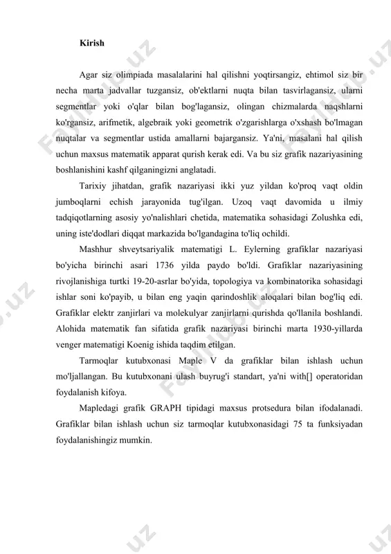 hi tanishish faraz qilaylik, maktabingizning futbol jamoasi musobaqada qatnashmoqda va boshqa maktablarning jamoalari bilan o'ynayapti. jamoalarning umumiy soni oltita bo'lsin. keling, sizning jamoangizni a, boshqa jamoalarni b, c, d, e va f deb ataymiz. musobaqa boshlanganidan bir necha hafta o'tgach, ba'zi jamoalar bir-biri bilan o'ynaganligi ma'lum bo'ladi. a c c, d, f, b c c, e, f, c c a, b, d c a, e, f, e c b, d, f, f c a, b, d, e. buni quyidagi geometrik sxema yordamida tasvirlash mumkin. biz har bir jamoani nuqta yoki kichik doira sifatida ifodalaymiz va bir-biri bilan o'ynagan jamoalarga mos keladigan juftliklarni segment bilan bog'laymiz. so'ngra, o'ynaladigan o'yinlarning berilgan ro'yxati uchun tarmoq grafikasi nazariyasi funktsiyalari to'plamidan maxsus buyruqlar yordamida biz 1-rasmda ko'rsatilgan sxemani olamiz. > bilan (tarmoqlar): > g:=new(): addvertex({a, b, c, d, e, f}, g): ulanish ({f}, {e, a, b, d}, g): ulanish ({d}, {e, a}, g): ulanish ({b}, …