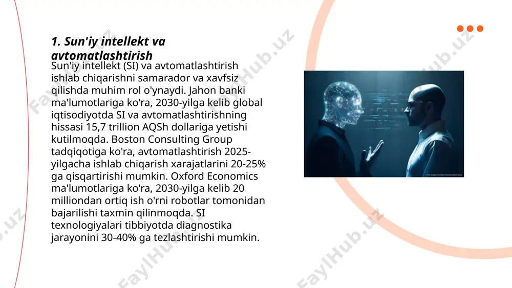 a. ... t.me/slaydai_bot kiberxavfsizlik texnologiyalari zamonaviy texnologiyalar bilan birga rivojlanmoqda va global kiberxavfsizlik bozori 2023 yilda $187 milliarddan oshishi kutilmoqda. 2025 yilga kelib, xalqaro miqyosda ma'lumotlarni himoya qilish uchun sarflanadigan mablag' $250 milliardga yetishi mumkin. o'zbekistonda kiberxavfsizlikka e'tibor oshib bormoqda; 2020 yilda bu soha uchun $30 million ajratilgan edi. 2022 yilda esa o'zbekistonda kiberxavfsizlik bo'yicha 7 dan ortiq davlat dasturlari amalga oshirildi. kiberxavfsizlik hodisalari soni yillik o'sish tendensiyasiga ega bo'lib, 2021 yilda har oyda 14 mingdan ortiq kiber hujum qayd etilgan. ... t.me/slaydai_bot 7. avtomobil sanoatidagi texnologik yutuqlar so'nggi yillarda avtomobil sanoatida texnologik yutuqlar sezilarli darajada o'sdi. elektr avtomobillarining ommalashuvi, masalan, 2030 yilga borib global avtomobil bozorining 30% ini tashkil qilishi kutilmoqda. avtonom haydovchi tizimlarining rivojlanishi ham avtomobil sanoatida katta o'zgarishlarga olib keldi. tesla kabi kompaniyalar 8 ta kamera va 12 ta ultrasonik sensorlar orqali avtonom haydash imkoniyatini taklif etmoqda. shuningdek, suspenziya sistemalarida buzilmalar oldini oluvchi yangi texnologiyalar qo'llanmoqda. yengil …