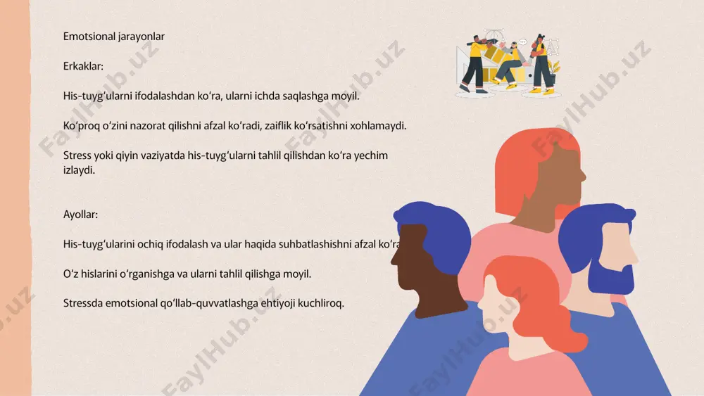 izual idrok yaxshiroq rivojlangan, mazmunidagi qarashlardir.” masalan, matematika, jumladan, fazoni idrok etish qobiliyati bo'yicha erkaklar ayollardan ustundir. erkaklar va aksincha, ayollar nutq ravonligi, yozma matnni tushunish, keksayganda verbal funktsiyalarning saqlanib qolishi kabi verbal qobiliyatlarning ba'zi komponentlarida erkaklardan ustundir. ayollar makklellandning tadqiqotiga ko'ra, intellektual xususiyatlardagi jinsga oid farqlarni boshqa psixik hodisalar – motivatsiya, qiziqish va boshqalardan ajratib ko'rib chiqib bo'lmaydi; bu o'zgaruvchilar intellektning turli tomonlarini o'lchash natijalariga sezilarli ta'sir ko'rsatishi mumkin. qo'llarning uyg'un harakatlari bilan bog'liq bo'lgan vazifalarda ayollar ustunlik qiladi. amerikalik psixologlarning fikricha, tezlik va epchillikni talab qiladigan operatsiyalarni ayollar erkaklardan kam bajarishmaydi, ba'zi hollarda esa yaxshiroq ham bajarishadi. erkaklar, odatda, yuqori darajadagi da'volarni namoyish qilishadi, shunday bo'lsa-da ayollardagi da'vo darajasi real ehtimollika mos kelishi ko'proq qayd etiladi. qo'llarning uyg'un harakatlarida ustunlik kognitiv uslubni o'rganish natijalari odatda ayollarning maydonga qaramligi ko'proqligini ko'rsatgan, ammo bu xulosaga zid bo'lgan ma'lumotlar ham mavjud. ayollar erkaklarga qaraganda umuman, ijtimoiy jihatdan ko'proq qaramligiga ishonchli dalillar …