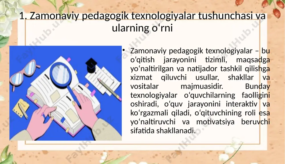 rakkab mavzularni tarmoqlash orqali tushuntirish. c) loyiha asosidagi yondashuv: o‘quvchilar kichik guruhlarda ishlaydi, ma’lum geografik muammoni o‘rganadi (masalan, "hududdagi suv resurslari", "iqlim o‘zgarishining mahalliy ta’siri"), natijada hisobot, taqdimot yoki xarita yaratadi. d) tashqi va amaliy mashg‘ulotlar: geografik maydonlarda kuzatuv, o‘lchash ishlari, tajriba o‘tkazish. o‘quvchilarni tabiat bilan bevosita tanishtirish orqali amaliy ko‘nikmalar hosil qilinadi. 3. pedagogik texnologiyalarning samaradorligi va amaliy tajriba amaliyotda ko‘rsatadiki, zamonaviy texnologiyalardan foydalangan geografiya darslari quyidagi afzalliklarga ega: o‘quvchilar o‘z mustaqil fikrini bayon eta oladi, savollar beradi, yechimlar topadi. darsga bo‘lgan qiziqish ortadi, ishtirok faolligi oshadi. ko‘p hollarda bilimlar uzoq vaqt eslab qolinadi, chunki ular interaktiv shaklda o‘zlashtiriladi. har bir o‘quvchining individual yondashuvi e’tiborga olinadi (differensial yondashuv). grafik, modellashtirish, xaritalash orqali murakkab ma’lumotlar tushunarli bo‘ladi. masalan, toshkent shahridagi 19-maktab geografiya fani o‘qituvchisi tomonidan gis texnologiyalari asosida olib borilgan darslarda o‘quvchilarning baholari va ishtiroki an’anaviy darslarga qaraganda 27% yuqori bo‘lgan (2022-yilgi maktab monitoringi asosida). xulosa zamonaviy pedagogik texnologiyalar – …