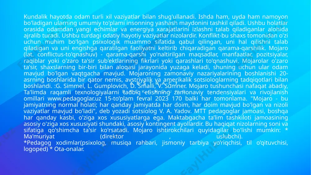 a-ona bolaning psixologik xususiyatlari, guruhdagi bolaning noo'rin xatti-harakatlari bo'yicha kelish- movchiliklar. bolaga haddan tashqari talablar, bolaning qobiliyatini etarli darajada baholamaslik, bolaga etarlicha e'tibor bermaslik. ota-ona-ma’mu- riyat ota-onaning maktabgachata'lim tashkilotlari, mutaxassislar va ularning faoliyati to'g'risida xab- ardorligi yo'qligi. ma'muriyatning oila haqida xab- ardorligi etarli emas ushbu nizolarning har biri o'z-o'zini tashkil etishga, maqsadga erishishga, o'qituvchilar tarkibini rivojlantirishga ijobiy ta'sir ko'rsatishi yoki aksincha, beqarorlik, tartibsizlikni keltirib chiqarishi, o'rnatilgan munosabatlar va an'analarni yo'q qilishi mumkin. maktabgacha ta'lim tashkilotidagi nizolarni bashorat qilish haqida gap ketganda, pedagog xodimlarning shaxsiy xususiyatlarini, kasbiy faoliyat bo'yicha kelishmovchiliklarni, xodimlarda stress omillarining mavjudligini hisobga olish kerak. mtt pedagog xodimilar tarkibidagi nizolarning oldini olishning yanada samarali usuli bu qulay muhit yaratish – ma'muriyat va pedagoglarning psixologik madaniyatini oshirish, muloqotda hissiy holatlarni o'zini o'zi boshqarish usullarini o'zlashtirishdir. mojarolarning oldini olish uchun pedagog xodimlar tarkibida quyidagi ish usullari qo'llaniladi: jamoaning guruh birligi indeksini aniqlash metodologiyasi (sishora). jamoaning psixologik iqlimini o'rganish (lutoshkin xaritasi-diagrammasi). ta'limda …