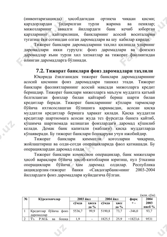 олатига, кредит (ссуда) суммаси ҳажмига, ва бошқа белгиларига боғлиқ. мижозларнинг молиявий ҳолати муҳим аҳамиятга эга. кредит беришда банк мутахассислари мижознинг кредитни қайтариш қобилиятини ўрганиб, унинг молиявий ҳолати билан танишиб, бизнес-режасини қабул қилган бўлсалар ҳам, мижоз олган кредитини мақсадли ишлатиб режа кўрсаткичларини нечоғлик бажараётганликларини назорат қилиб боришади. лекин айрим мижозлар борки, жуда катта миқдорда кредит олиб, уларни тўғри-мақсадли ишлатолмай, бизнес-режада кўрсатилган ишни тўлиқ бажара олмасдан қолади. натижада даромад ололмайди. шунинг учун нафақат кредит фоиз суммасини, балки олган кредитни ўз вақтида қайтарилмайди. маълумки берилган кредитлар мижозларнинг молиявий барқарорлигини ва кредитни қайтариш эҳтимолига қараб: яхши, стандарт, субстандарт, шубҳали ва умидсиз кредитларга таснифланади. шунинг учун ҳам тижорат банклари кредитлар бўйича кўрилиши мумкин бўлган эҳтимолий зарарларга қарши захира ташкил этадилар. тижорат банклари учун бу захира харажат бўлиб šайтарилмаган (кредитни ҳисобдан чиқаргандан кейин реал-аниқ зарар ҳисобланади) фоиз даромадларидан айириб, соф фоиз даромадларини ўрганиш зарур. «савдогарбанк»нинг 2003-2004 йиллардаги соф фоиз даромадлари. (млн. сўм) № кўрсаткичлар 2003 йил …