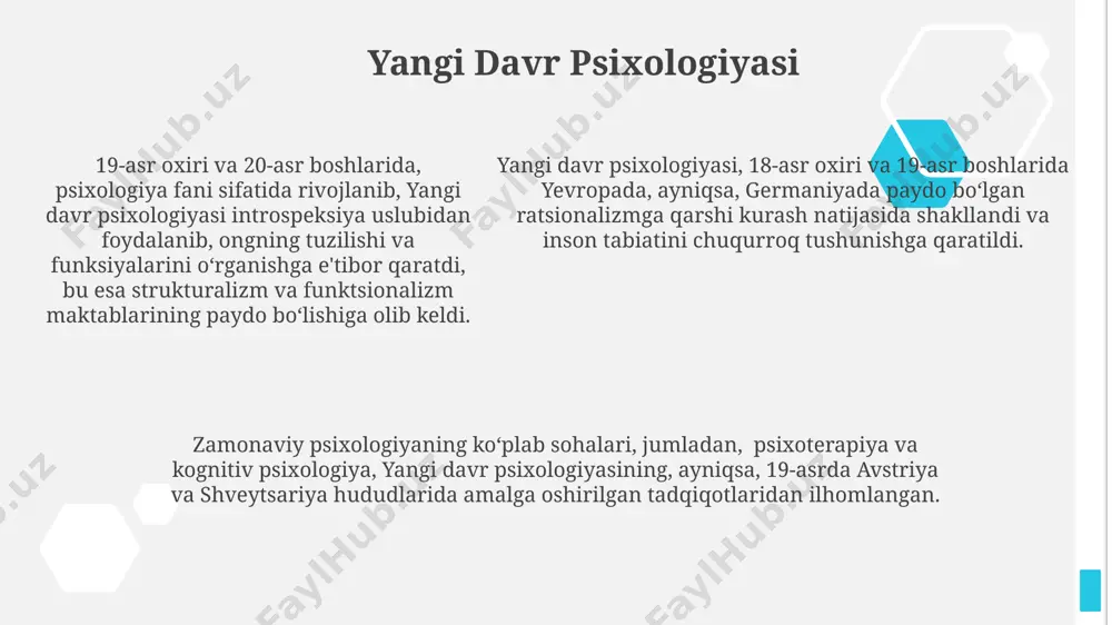 zariyasini, xususan, ong osti jarayonlarini o'rganishga e'tibor qaratgan. 1920-yillarda toshkentda ijtimoiy psixologiyaning rivojlanishiga 50 dan ortiq tadqiqotchi hissa qo'shib, shaxslararo munosabatlar va jamoa ta'siriga urg'u berilgan. madaniy psixologiya madaniy psixologiyaning 19-asr oxiri va 20-asr boshlarida rossiya imperiyasi hududida, jumladan, turkiston general-gubernatorligida ham o'ziga xos rivojlanish yo'llarini bosib o'tganligi tarixiy manbalarda qayd etilgan. madaniy psixologiyaning asosiy tamoyillaridan biri – 3 ta asosiy psixologik jarayon (idrok, xotira va fikrlash) ning madaniy kontekstga bog'liqligi samarqand va buxoro kabi tarixiy shaharlar misolida ko'rsatilgan. madaniy psixologiyaning asosiy tamoyillaridan biri – 3 ta asosiy psixologik jarayon (idrok, xotira va fikrlash) ning madaniy kontekstga bog'liqligi samarqand va buxoro kabi tarixiy shaharlar misolida ko'rsatilgan. davr psixologiyasiga kirish davr psixologiyasi 20-asrning boshlarida, germaniyada, psixologik maktablarning rivojlanishi bilan chambarchas bog'liq bo'lib, 3 ta asosiy yo'nalishni o'z ichiga olgan. 1990-yillardan keyin, toshkentdagi oliy o'quv yurtlarida davr psixologiyasi fanidan 1000 dan ortiq talaba ta'lim olgan bo'lib, ularning ko'pchiligi amaliy psixolog sifatida faoliyat …