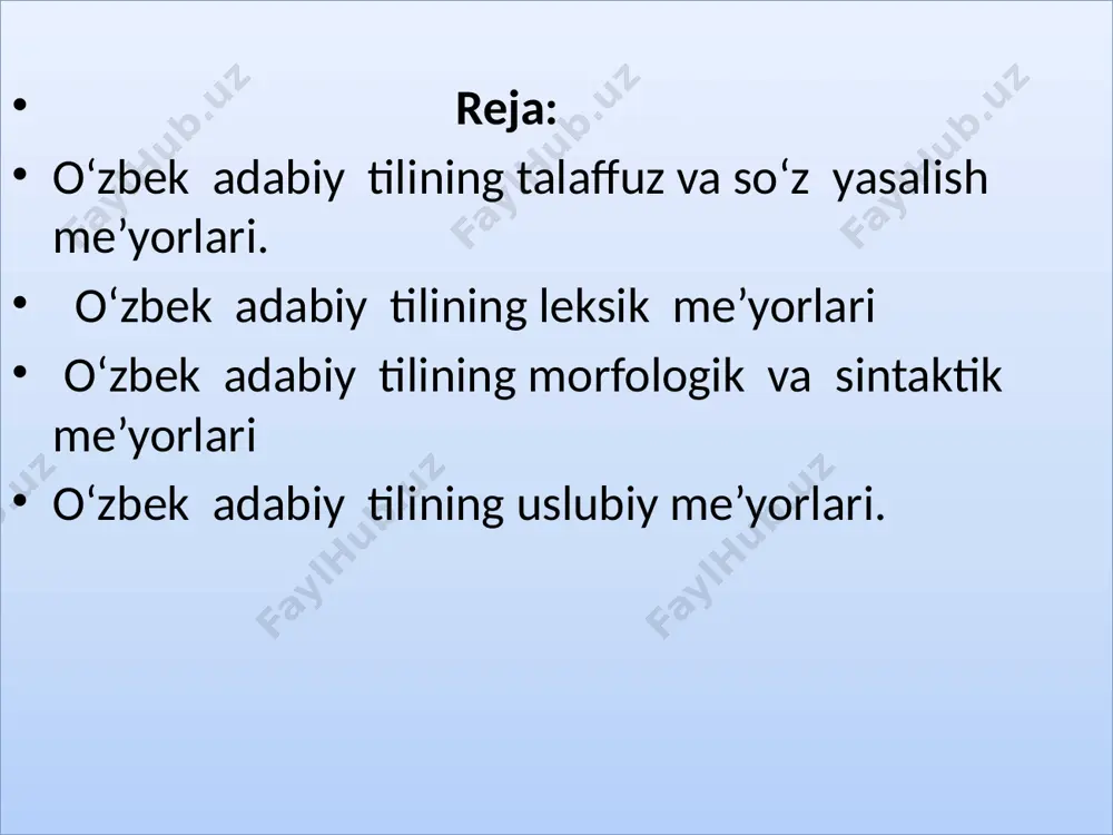 malari imkoniyatlarining borliq, tafakkur, ong hamda vaziyat kabi hodisalar bilan munosabatda namoyon bo‘lishidir. nutq harakatdagi til bo‘lib, nutq a’zolarining harakati jarayonida paydo bo‘ladi va so‘z birikmalari, erkin birikmalar, so‘z tartibi va gaplardan tashkil topadi. madaniy gapirishga intilish tushunchasi barcha xalqlar tillarida qadimdan mavjud hodisadir. bu tushuncha odob va nafosat talablari bilan aloqador tushunchadir. 5 nutq madaniyatiga erishishning asosiy omili tilni, ayniqsa adabiy til me`yorlarini egallash, ulardan unumli va o`rinli foydalanishdir. hozirgi adabiy til me`yorlariga rioya qilib tuzilgan nutq aniq, to`g’ri va ta`sirchan holda tinglovchiga yetib boradi. me`yor-so`zning mavjud bo`lgan ma`nosi, fonetik tuzilishi. s.i.ojegov fikricha, “me`yor-bu ijtimoiy jarayonda birga mavjud bo`lgan, bor bo`lgan, yangi paydo bo`lgan yoki o`tmishning kam ishlatiladigan til unsurlarini (lug’aviy, talaffuz, morfologik, sintaktik) tanlashning natijasi sifatida shakllangan, jamiyatga xizmat qiladigan foydali til vositalari yig’indisidir, keng ma`noda bu unsurlarni baholashdir”. adabiy me`yor o`z holicha shakllanadi. uning shakllanish va taraqqiyotiga tilning tarkibiga kiruvchi lahja, shevalar turlicha hissa qo`shadilar. qaysi hududda …