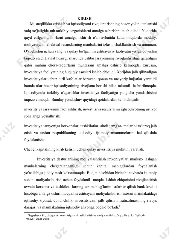 iyalar, kreditlarni jalb qilish, moliya bozori orqali investitsiya manbalarining shakllantirishni kengaytirish, noan'anaviy moliyalashtirish usullaridan foydalanish amaliyotini chuqur, atroflicha tadqiq etish va ularni umumlashtirish zaruratini kun tartibiga qo'yadi.investitsiya faoliyatini samarali tashkil qilishda hali qal qilinishi zarur bo'lgan qator vazifalar borki, ular mavjud qonun va me'yoriy hujjatlardan to'g'ri foydalanadigan va umuman, investitsiyalardan samarali foydalanish bo'yicha kadrlarni tayyorlash ularning malakasini muntazam oshirishni talab qilmoqda. mazkur soha uchun malakali kadrlarni tayyorlashni tubdan yaxshilash va sifatini oshirishda, ayniqsa kasb-hunar kollejlari o'quvchilariga mo'ljal- langan darsliklar, o'quv-uslubiy qo'llanmalarning yetishmasligi ma'lum qiyinchiliklarni yuzaga keltirmoqda. malakaviy ishning maqsadi. ishning maqsadi iqtisodiyotni modernizatsiyalash sharoitida investitsiya mohiyati va ahamiyati,iqtisodiy samaradorligini diskontlash usullari asosida baholashga ish hamda investitsiya loyihalarining moliyaviy-iqtisodiy samaradorligini baholash usullarini takomillashtirish taklif va tavsiyalar berishdan iborat. kurs ishning vazifalari. ushbu maqsaddan kelib chiqqan holda kurs ishi oldiga quyidagi vazifalarning bajarilishi belgilab qo’yiladilga: o’zbekiston iqtisodiyotini modernizatsiyalashda investitsiya loyihalarini amalga oshirishning ahamiyati va xususiyatlarini bayon etish; investitsiya loyihalarining moliyaviy-iqtisodiy samaradorligini baholash …