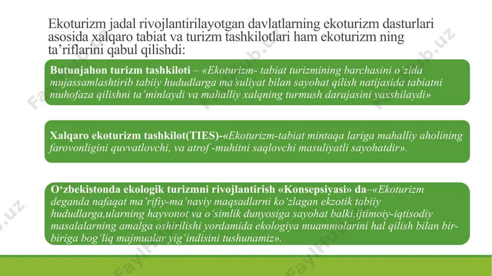 ada boy qushlar olamini o`rganish uchun "kolumbiya qushlari" degan ekoturlar o`tkazilib, unda boshqa davlatlardan kelgan ornitologlar ham qatnashib, ilmiy izlanishlar olib boradilar. 2. tabiat tarixini o`rganish turlari. bu atrof-muhitni va mahalliy madaniyatni o`rganish uchun qilingan sayohatdir. ular ko`pincha qo`riqxonalar va milliy bog‘larda tashkil etilishi mumkin. bu turlar tabiat fenomenlari bor joylarda ham tashkil qilinadi. 11 3. sarguzasht turizmi. bu tur turizm - barcha faol harakat turlarini o`zida jamlagan sayohatlarni o`z ichigà oladi hamda unga tabiatda dam olish turlari ham kiradi. ulardan maqsad yangi hissiyotlarni sezish, taassurotlarni boshdan kechirish, sayyohlarning fizik shakllarini yaxshilash va yangi sport yutuqlariga erishishdir 4. alohida muhofaza etiladigan turizm. tabiat hududlariga alohidan (amethga) sayohat etish ekoturizmning asosiy turi hisoblanadi. ekoturizm vazifalarining asosiy farqi va o`ziga xosligi 12 /docprops/thumbnail.jpeg