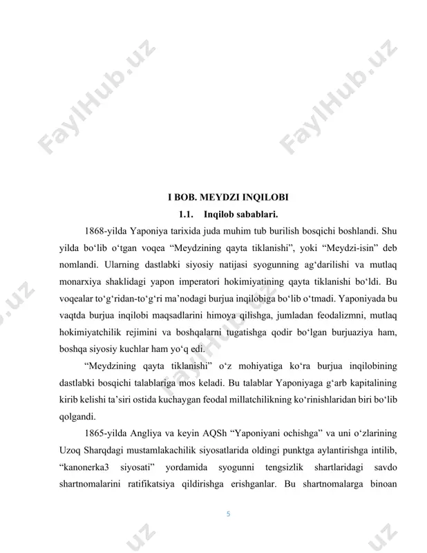 o‘g‘ri buzishni anglatardi, chunki yaponlar, ma’lumki, turli dinlarning xudolariga sig‘inardilar.[footnoteref:2] [2: jukov a. e. "yaponiya tarixi", 2-jild, 2018 yil.-b.98] hukmron doiralar tennoizmdan xalq ommasini mafkuraviy bo‘ysundirish quroli sifatida foydalanganlar. tennoizm nafaqat yaponiyaning milliy vazifalarini hal qilishga, balki yaponiyaning keyingi agressiv tashqi siyosatiga ham xizmat qilgan. yaponiyada 1868-yilgi davlat to‘ntarishi tinch yo‘l bilan, qon to‘kilmasdan amalga oshirildi. “guruch isyonlari” deb nom olgan dehqonlarning chiqishlari 1866-yildayoq tinchib qolgan edi. xalqning 1867-1868 yillardagi norozilik chiqishlari yaponiya uchun an’anaviy xarakterdagi diniy marosimlarga oid namoyishlar va turli raqs o‘yinlari edi. bunday chiqishlar ko‘pincha hukmron doiralar tomonidan go‘yoki “ikkita xalq noroziligini chiqarish” uchun sahnalashtirildi. oxirgi syogun keyki yakka hokimlik “hozirgi yuzaga kelgan vaziyatda zaruriy shart” deb ixtiyoriy ravishda taxtdan voz kechdi. tarixchilar ta’riflaganidek, “bir lahzali fuqarolar urushi” alanga olmay juda tez bostirildi. bu urush faqat syogunning imperatorga bo‘ysunishdan bosh tortganligi munosabati bilan samuraylarning qisqa vaqt to‘qnashuvidan iborat bo‘lgan edi. imperatorni mamlakat ichkarisida ham, tashqarisida ham siyosiy …