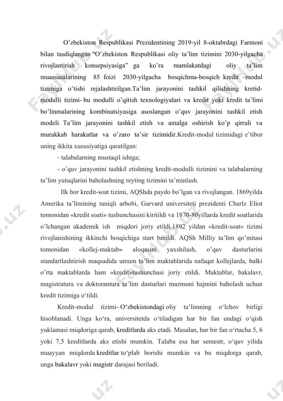tlarda aks etadi. masalan, har bir fan oʻrtacha 5, 6 yoki 7,5 kreditlarda aks etishi mumkin. talaba esa har semestr, oʻquv yilida muayyan miqdorda kreditlar toʻplab borishi mumkin va bu miqdorga qarab, unga bakalavr yoki magistr darajasi beriladi. kredit-modul tizimida bir yillik kreditlar miqdori 60 ni tashkil etadi. bir oʻquv yili 2 semestrdan iboratligini hisobga olsak, talaba oʻqishi davomida har semestrda 30 kredit toʻplab borishi kerak boʻladi. bakalavr dasturi odatda 4 yilligi hisobga olinsa, talaba ushbu darajani qoʻlga kiritish uchun jami 240 kredit, magistratura dasturini tugallash uchun esa 120 kredit toʻplashi talab etiladi. kreditlar shunchaki raqamlar emas. har bir kredit talaba bajarishi kerak boʻlgan maʼlum miqdordagi oʻqish yuklamasini bildiradi. ects kredit-modul tizimida 1 kredit oʻrtacha 25-30 soatlik oʻqish yuklamasini anglatadi. bu degani, agar fan 6 kreditli fan boʻlsa, talaba ushbu fan boʻyicha belgilangan miqdordagi kreditlarni qoʻlga kiritish uchun semestr davomida 150-180 soatlik oʻqish yuklamasini bajarishi kerak boʻladi talabalarning bilimi quyidagi …