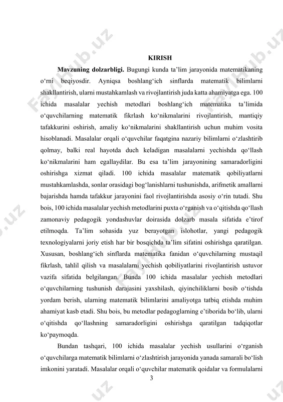 ni shaxsiylashtirishga imkon yaratadi. shu sababli, metodlarni tanlashda o‘quvchilarning qiziqishlari, qobiliyatlari, ta’lim darajasi va boshqa omillarni hisobga olish muhimdir. bundan tashqari, zamonaviy pedagogika fanida 100 ichida masalalar yechish metodlarining pedagogik samaradorligini oshirishga qaratilgan yangi yondashuvlar va texnologiyalar ishlab chiqilmoqda. masalan, interaktiv darslar, o‘yin shaklidagi mashg‘ulotlar, vizual va amaliy mashqlar orqali o‘quvchilarning matematikaga bo‘lgan qiziqishi oshiriladi. bu usullar orqali o‘quvchilar matematikani yanada yaxshiroq tushunishlari va masalalarni o‘zlari mustaqil yechish ko‘nikmalarini rivojlantirishlari mumkin. shu bilan birga, bu metodlar o‘quvchilarda ishonchni oshirish, ular orasida muloqot va hamkorlikni kuchaytirish kabi ijtimoiy ko‘nikmalarni ham shakllantiradi. 100 ichida masalalarni yechish metodlarining ta’lim tizimidagi o‘rni va ahamiyati nafaqat boshlang‘ich sinflarda, balki keyingi ta’lim bosqichlarida ham katta ahamiyatga ega. bu metodlar o‘quvchilarning matematik bilimlarini mustahkamlash va yanada rivojlantirishda asosiy vosita sifatida xizmat qiladi. shu bois, ularni o‘rganish va amaliyotga tadbiq etish orqali ta’lim sifatini yaxshilash mumkin. maktab ta’limi sifatining oshirilishi esa butun jamiyatning rivojlanishiga bevosita ta’sir ko‘rsatadi. o‘zbekiston …