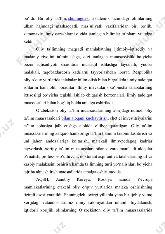 limning turli yo‘nalishlari bo‘yicha tajriba almashtirish maqsadlarida amalga oshirilmoqda. aqsh, janubiy koreya, rossiya hamda yevropa mamlakatlarining etakchi oliy o‘quv yurtlarida malaka oshirishning tizimli asosi yaratildi. shuningdek, oxirgi yillarda yana bir ijobiy yutuq xorijdagi vatandoshlarimiz ilmiy salohiyatidan unumli foydalanish, iqtidorli xorijlik olimlarning o‘zbekiston oliy ta’lim muassasalarida dars berishlari yo‘lga qo‘yildi. shuningdek, o‘qitishning yangi texnologiya va usullarini o‘rgatmoqdalar. ilm ahli chet eldagi olimlar bilan mustahkam ijodiy aloqalar o‘rnatildi. “umid”, “iste’dod” hamda “el-yurt umidi” fondlari tomonidan ilm fan, ta’lim namoyondalarini jorijiy tajribaga o‘rganish muhim vazifa qilib qo‘yildi. buning natijasida tabiat va texnika-texnologiya haqidagi fanlar ham jahon andozasi darajasiga ko‘tarila boshlandi. 1997-yilning dekabrida “ustoz” jamg‘armasi tashkil topdi. ushbu jamg‘armaning asosiy maqsadi professor-o‘qituvchilar orasidan yuqori malakali pedagog-ustozlarni tayyorlashdan iborat. bu jarayonni amalga oshirishda rivojlangan demokratik mamlakatlarda mavjud bo‘lgan tajribalar o‘rganildi va ular tatbiq etildi. davlatimiz rahbarining 2018-yil 25-sentyabrdagi farmoni bilan vazirlar mahkamasi huzurida “el yurt umidi” jamg‘armasi tashkil etildi. ushbu jamg‘arma chet ellarda faoliyat ko‘rsatayotgan …