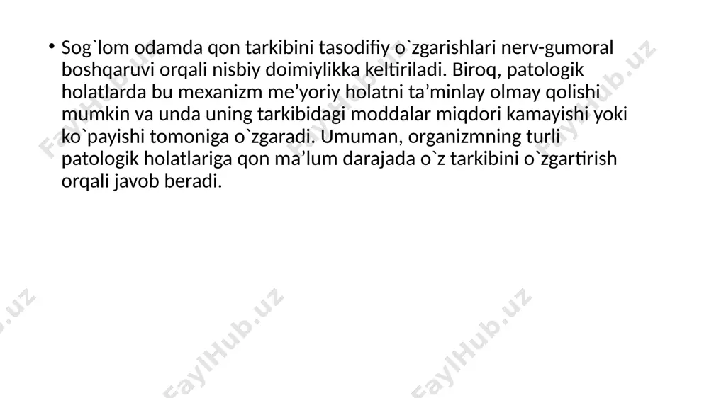 di. ushbu holat pentozofosfat yo`lining birinchi fermenti glyukozo-6- fosfatdegidrogenaza faolligini irsiy past bo`lishi tufaylidir. mazkur sifatdagi odamlarni oksidlovchi moddalar ta’siriga sezgirligi ko`proq. neytrofillar himoya vazifasini bajaradi. ular antimikrob xususiyatiga, shuningdek, halok bo`lgan mikroorganizmlarni, zararlangan to`qima bo`laklarini yutish va parchalash xossalariga ega. neytrofillar hujayralarda oqsil biosintezi amalga oshishida muhitning o`zgaruvchan sharoitiga moslasha oladilar. hujayra funktsiyalarini energetic ta’minoti - glikoliz miqdori oksidlanishli fosforlanish yo`li bilan amalga oshadi. hujayralar tomonidan yutilgan glyukoza pentozofosfatli siklda parchalanadi va glikogen sintezida ishtirok etadi. neytrofillarni antimikrob xususiyati ular tarkibida h202 hosil qiluvchi (miyelinperoksidaza) va superoksidli radikal (nadfh – oksidaza) hisobiga amalga oshadi. h202 va superoksidli radikal kuchli oksidlovchi sifatida fagotsitoz jarayonida mikroblarni o`ldiradi. neytrofillarning boshqa yana bir xususiyati yutilgan moddani parchalab yuboradigan, ulardagi ko`p sonli gidrolitik fermentlar lizosomalar – mavjudligi. bundan tashqari neytrofillar mikrob hujayralarini eritadigan lizotsim moddasiga ham ega. bazofillar faol ravishda allergiya vaqtida suyak iligi - ko`mikda hosil bo`ladi. ular allergik reaktsiyalarda, qonning ivish jarayonida …