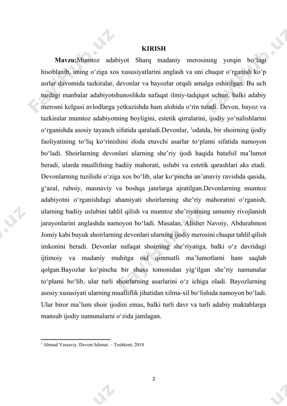 voiy, abdurahmon jomiy kabi buyuk shoirlarning devonlari ularning ijodiy merosini chuqur tahlil qilish imkonini beradi. devonlar nafaqat shoirning she’riyatiga, balki o‘z davridagi ijtimoiy va madaniy muhitga oid qimmatli ma’lumotlarni ham saqlab qolgan.bayozlar ko‘pincha bir shaxs tomonidan yig‘ilgan she’riy namunalar to‘plami bo‘lib, ular turli shoirlarning asarlarini o‘z ichiga oladi. bayozlarning asosiy xususiyati ularning mualliflik jihatidan xilma-xil bo‘lishida namoyon bo‘ladi. ular biror ma’lum shoir ijodini emas, balki turli davr va turli adabiy maktablarga mansub ijodiy namunalarni o‘zida jamlagan. [1: ahmad yassaviy. devoni hikmat. – toshkent, 2018] bayozlar mumtoz adabiyotning madaniy va estetik boyligini ko‘rsatib beruvchi manbalar sifatida muhimdir. ular orqali bir davrning adabiy qarashlari, badiiy didi va ijodiy muhitini o‘rganish mumkin. bundan tashqari, bayozlar muayyan shoirlarning bizgacha yetib kelmagan devonlaridan namunalar saqlanib qolgan bo‘lishi mumkinligi bilan alohida ahamiyatga ega. shu jihatdan, bayozlar nafaqat mumtoz adabiyotga oid umumiy tasavvurlarni kengaytiradi, balki yo‘qolib ketgan asarlarni qisman tiklash imkonini ham beradi.tazkiralar sharq adabiyotida adabiy shaxslar …