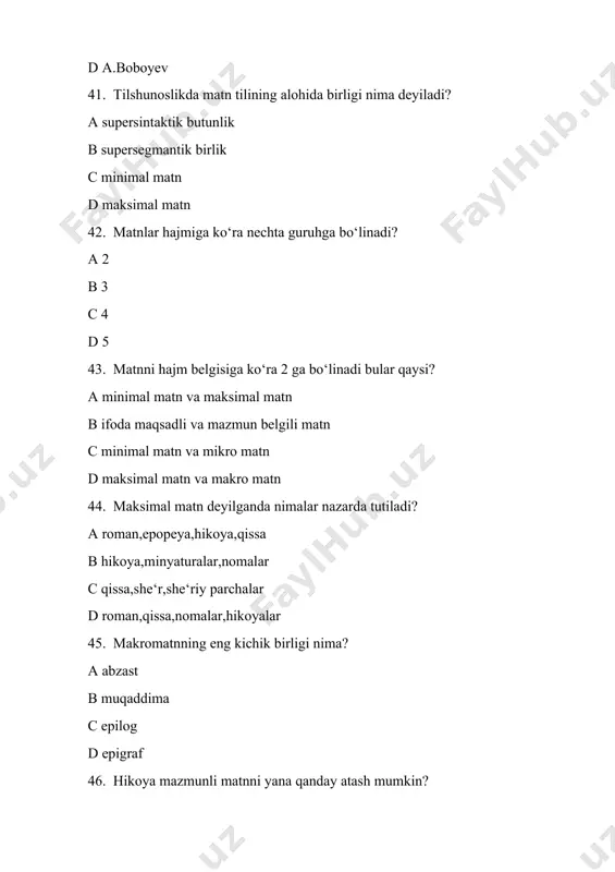 tn til va nutq sintaktik sathining eng yuqori,oliy yirik birligidir.? a d. moskalskaya b t. nikolayeva c a. xeykel d v. radlov 56. matnga kim ―u til va nutq birliklari ichida eng mustaqilidir deb ta‘rif beradi? a d. moskalskaya b t. nikolayeva c a. xeykel d v. radlov 57. matn keng ma‘noda qanday ifodalanadi? a bir butun asar makroteks b supresintaktik butunlik c mikroteks d gap 58. nuqtalar o‘rniga mos so‘zni qo‘ying. ―…... mazmuniy va structural tugallikka ega bo‘lgan yirik sintaktik struktura‖ ? a matn b gap c so‘z birikmasi d badiiy matn 59. nuqtalar o‘rniga mos so‘zni qo‘ying. ―…… bu eng avvalo,nutq formasi u og‘zaki va yozma holda ifodalanishi mumkin.? a matn b gap c nutq d so‘z birikmasi 60. supersintaktik butunlik nima? a mikromatn b makromatn c matn d gap 61. bir butun yozma nutq asari nima? a mikromatn b makromatn c matn d gap 62. matn bo‘lishi …