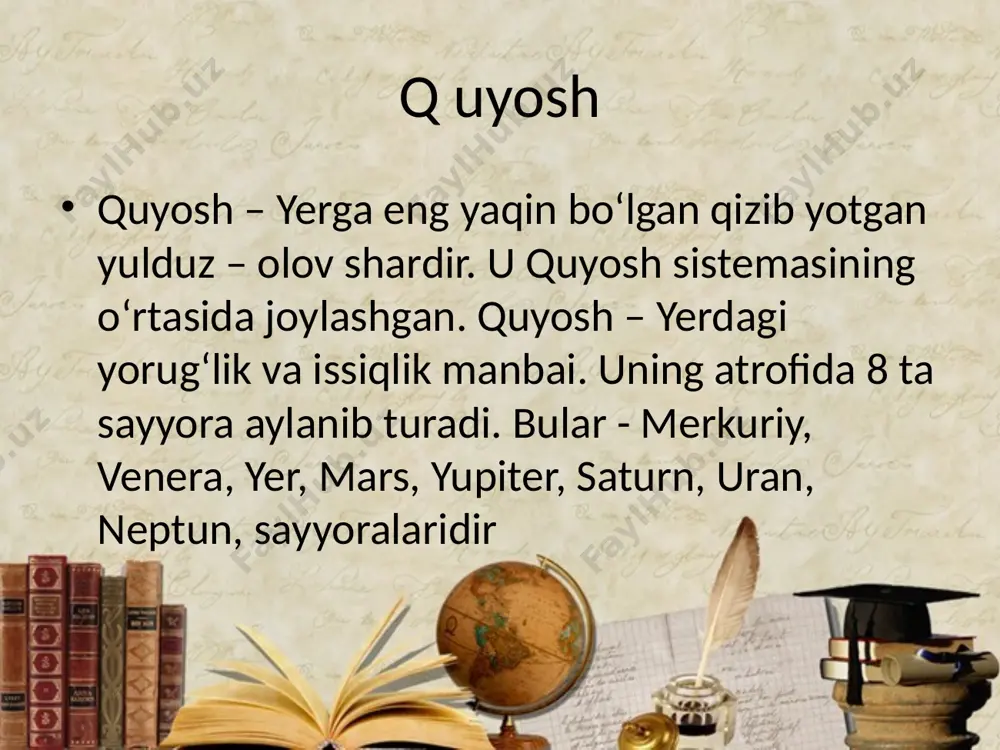 tunda osmonga qarasangiz, juda ko‘plab yulduzlar tartibsiz sochilib yotganga o‘xshaydi. aslida ular osmonda tartibsiz sochilib yotmaydi. hozirgi vaqtda olimlar rasadxona (observatoriya)larda yulduzlarning kattaligi, harorati, kimyoviy tarkibi va harakatlarini shuningdek, o‘zaro joylashgan o‘rinlarini ham o‘rganishmoqda. yulduzlar nihoyatda qizib yotgan, yerdan juda uzoqda joylashgan osmon yoritgichlaridir. ularni odamlar qadimdan guruhlarga ajratishgan va har bir guruhga nom berishgan. bular yulduz turkumlari deb ataladi. masalan, tarozu, chayon, mezon va boshqalar. bolalar, sizlar katta ayiq yulduzlar turkumini bilsangiz kerak. ularni xayolan chiziq bilan tutashtirsangiz darhaqiqat, cho‘michga o‘xshaydi. cho‘mich bandidagi ikkinchi yulduz yonida kichik yulduzcha bor. qadimda jangchilarning ko‘zi o‘tkirligini shu yulduzni ko‘ra olishiga qarab aniqlashgan. bizga ko‘rinib turadigan ancha yorug‘ yulduzlardan biri oltin qoziq (qutb) yulduzidir. bu yulduz hamma vaqt ham osmonda bir joyda – shimoliy qutb ustida turadi. oltin qoziq (qutb) yulduzini osongina topsa bo‘ladi. buning uchun katta ayiq yulduzlar turkumi – cho‘michning chekkadagi ikkita yulduz oralig‘idagi masofani besh marta qo‘yib chiqilsa, oltin qoziq …