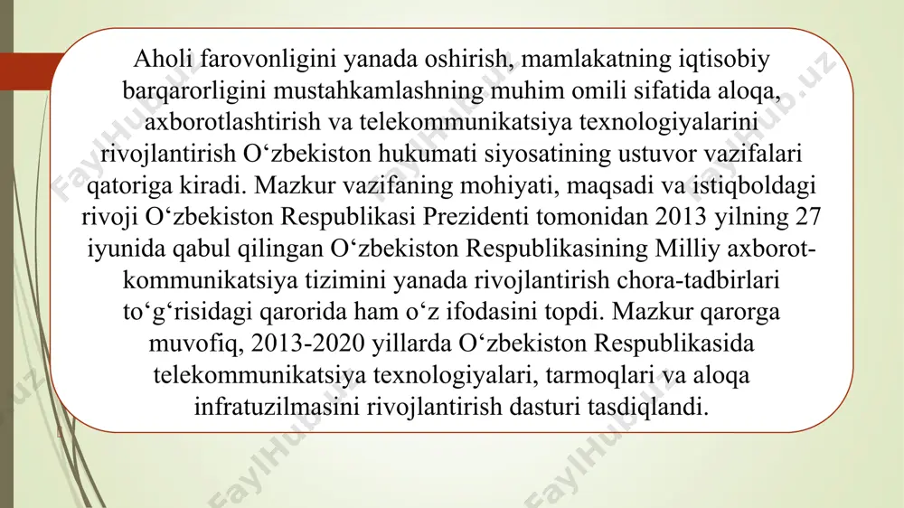ish. dastlabki texnik iqtisodiy hisob-kitoblarni ishlab chiqish. dastlabki texnik iqtisodiy hisob-kitoblarni ekspertizadan o‘tkazish. texnik topshiriq ishlab chiqish. loyihani amalga oshiruvchini aniqlash bo‘yicha tanlovlar o‘tkazish. loyihani amalga oshirishdan iboratdir e-hukumat arxitekturasi davlat organlarining aholi va tadbirkorlik sub’ektlari bilan o‘zaro axborot almashinuvlari, muloqotlari, shuningdek bir qator davlat xizmatlarini ko‘rsatish 2013 yilda ishga tushirilgan yagona portal orqali amalga oshirilmoqda. dasturga muvofiq, “elektron hukumat” tizimi foydalanuvchilarini identifikatsiya qilish maqsadida ochiq kalitlar bazasida yagoan identifikatsiya tizimini yaratish loyihasini tashkil qilish ko‘zda tutilgan. jismoniy va yuridik shaxslar, transport, kadastr, ko‘chmas mulk, ma’lumot va klassifikatorlar jam qilingan milliy ma’lumotlar bazasi va reyestri, axborot tizimlarini rivojlantirish “elektron hukumat”ni samarali etishning muhim bosqichi hisoblanadi hozirda foydalanuvchilar, asosan tadbirkorlik sub'ektlari yagona portal orqali quyidagi xizmatlardan foydalanishlari mumkin: · tekshirishlar reja-jadvalidan elektron ko'chirma olish; · tashqi savdo operatsiyalari yagona elektron axbort tizimida tashqi savdo shartnomalari bo'yicha ma'lumotlarni ro'yxatdan o'tkazish; · tadbirkorlik sub'ektlari uchun ularni gaz ta'minlash tarmoqlariga ulanishlari uchun texnik shartlarni …