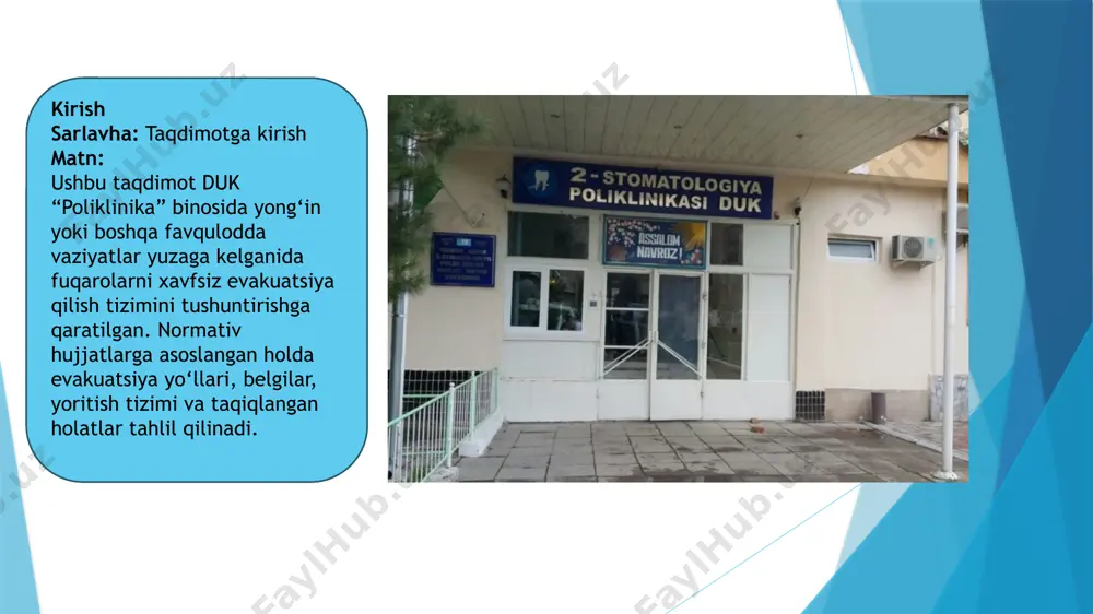 satib turilishi kerak. ayniqsa tumanli yoki qorong‘i holatlarda juda muhim. eshiklarni qulflash taqiqlanadi sarlavha: favqulodda chiqish eshiklari ochiq bo‘lishi shart matn: evakuatsiya yo‘llaridagi eshiklarni qulflab qo‘yish qat’iyan taqiqlanadi. ichkaridan hech qanday kalitsiz, oddiy harakat bilan ochiladigan tarzda bo‘lishi shart. taqiqlangan joylashuvlar (1-qism) sarlavha: to‘siqlarga yo‘l qo‘yilmaydi matn: yo‘laklar, tamburlar, lift xollari va zinapoyalarga mebel, uskunalar, karton qutilar yoki boshqa buyumlar qo‘yish taqiqlanadi. bu evakuatsiyani sekinlashtiradi. taqiqlangan joylashuvlar (2-qism) sarlavha: eshiklar, turniketlar, oynalar matn: evakuatsiya yo‘llarida suriladigan, aylanadigan eshiklar, shisha ostonalar yoki eshikka o‘xshatib qo‘yilgan vitrinalar xavf tug‘diradi. faqat erkin ochiladigan eshiklar ruxsat etiladi. slayd – yonuvchi materiallar taqiqlanadi sarlavha: ichki bezak va materiallar talabi matn: yo‘laklar, zinapoyalar, shiftlar yonmaydigan materiallar bilan pardozlangan bo‘lishi lozim. plastmassa, sintetik gilamlar, taxta bo‘yoqlari taqiqlanadi. slayd – o‘zi yopiladigan eshiklar sarlavha: eshik mexanizmlari matn: favqulodda holatda avtomatik yopiladigan eshiklar bo‘lishi kerak. oddiy mexanik usullar bilan ochiq ushlab turish (masalan, g‘isht qo‘yish) taqiqlanadi. gilam va qoplamalar …