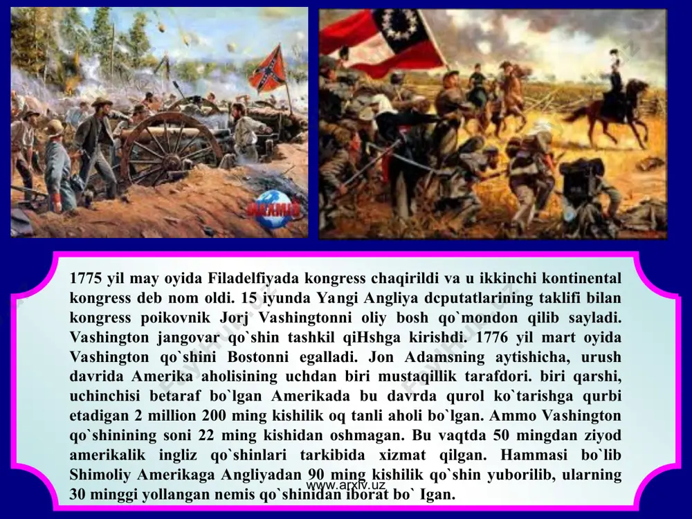 taraqqiy etdi. aqshning g`arbida esa mayda fermerchilik, mustaqil mayda hunarmandchilik ishlab chiqarishi hukmronlik qildi. umuman olganda mamalakatning shimoli va g`arbida kapitalistik munosabatlar tez o`sdi. janubda esa aqsh iqtisodining boshqa bir ko`rinishi plantatsiya quldorchilik xo`jaligi rivollanib bordi. shimol va janubda iqtisodiy taraqqiyotning yo`llaridagi turli xillik mamlakat taraqqiyotiga juda katta ta`sir o`tkazdi. www.arxiv.uz www.arxiv.uz aqshning g`arbidagi yangi yerlarni o`zlashtirilishi yevropadan ko`p miqdorda ko`chkinchilar (emigrantlar) ommasining kelib o`rnashishiga qulay sharoit yaratdi. emigrant aholi orasida yuz minglab malakali hunarmand`lar va ishcbilar mavjud edi. emmigratsiya shusiz ham tez o`sayotgan mamlakat aholosi sonini keskin oshirib yubordi. 1800-1820 yillarda mamlakat aholisi 5,3 mln. kishidan, 9,6 mln. kishiga ko`paydi. 1850 yilda esa aholi soni 23,2 mln. kishiga etdi. 1820-1850 yillar mobaynida aqshga keigan" ko`chkinchi aholining soni 2.455 ming kishiga yetdi. ammo shunga qaramasdan, aqshda ishchi kuchlariga bo`lgan ehtiyoj f.vropaga qaraganda ancha ortiq edi. bu hoi ma`lum bir miqdorda aqshning shimoliy hududlarida mashinalardan foydalanishga ertaroq o`tilishiga ham sabab bo`ldi. …