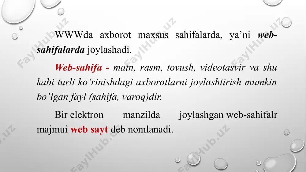 i ko'rsata olmasligi mumkin. shuning uchun har ehtimolga qarshi bu teg parametrining bir nechta qiymatlarini vergul bilan ajartib yozish maqsadga muvofiq: . web-brauzer teg parametri qiymatlarini chapdan boshlab o'qiydi va biri bo’lmasa keyingisini qidiradi. shrift o’lchamini belgilash uchun html tilida juft tegi size (o’lcham) parametri bilan birga ishlatiladi. masalan, shrift o'chamini 5 ga teng qilib olish uchun ko’rinishdagi juft teg yoziladi. html tilida ham matnni web-sahifada turlicha joylashtirish imkoni bor va bu vazifa juftmas tegiga (yoki , , , , , juft teglariga) align (ing., tekislash) parametrini qo‘shish orqali amalga oshiriladi: . joylashtirish parametri qiymati o‘rniga "left" (chap), "right" (o‘ng), "center" (markaz) va "justify" (kenglik) so‘zlaridan biri yoziladi. shrift rangini tanlash uchun juft tegi color parametri bilan birga qo'llanadi. bu ko'rsatmadan keyin “=” belgisi va qo'shtirnoq ichida rang kodi yoziladi. rang kodi "#" belgisi bilan boshlanadi. . web-sahifadagi matn yoki fon rangini o'zgartirish uchun juft tegi, mos ravishda, text (matn) …