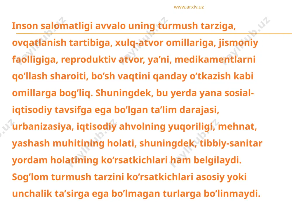 tgаn vаqtdаgi qisqаrish tezligi sifаtidа pwc 170 bilаn o’lchаshni tаklif qildi. ya’ni mаshklаr bаjаrilаyotgаn vаqtdа yurаkning qisqаrish tezligi 170 gаchа ortаdi. bundа sinаluvchigа 3 vа 5 dаqiqа dаvom etuvchi yuklаmа tаklif etib, mаshq oxiridа yurаk qisqаrishi tezligi hisoblаb borilаdi. www.arxiv.uz sog’lom turmush tarzining omillari. har bir kishida sog’lom turmush tarzini shakllantirishda ikki xil omillar vujudga keladi: 1. sog’lom turmush tarzi omillarining shakllanishida yordam beradigan ijobiy omillar 1.1 inson o’zida zararli odatlardan qutulishga harakat qilish, 1.2 ovqatlanishda m’eyorlikni odat qilish, 1.3.kundalik jismoniy faollikni ta’minlash, 1.4 har kuni erta uyquga yotib,erta uyqudan turish, www.arxiv.uz 1.5 o’zaro muomala va munosabatlarda izzat-hurmat,axloq,odob me’yorlariga,jamiyat qonunlariga rioya qilish. 1.6 oilaviy munosabatlar, 1.7 tozalikni odat qilish, 1.8 ehtiyotkorlik kundalik turmushning asosiy talabi, 1.9 sog’lom turmush tarsi kechiruvchi odamlar bilan do’stlashish, 1.10 uzluksiz ekologik,gigiyenik ta’limotni o’rganib borish, 1.11 ona tabiatni asrash, www.arxiv.uz ii.. sog’lom turmush tarzi shakillanishiga to’sqinlik qiladigan salbiy omillar: 1.1 inson o’ziga har xil zararli odatlarni …