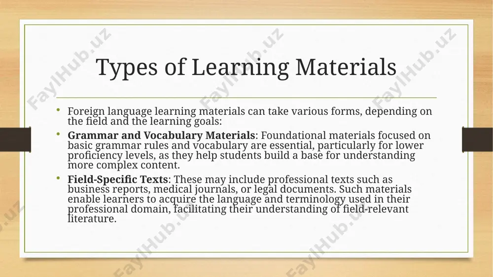 nd understanding. conclusion the process of selecting and evaluating materials for teaching foreign languages in specialized fields involves carefully considering learners' needs, field requirements, and language proficiency levels. teachers must analyze students' needs and design effective resources that promote language acquisition while focusing on the specialized content of each field. leveraging technology, employing interactive methods, and incorporating field-specific materials can significantly enhance the effectiveness and engagement of the learning process. this holistic approach ensures that students acquire language skills that are directly relevant to their professional lives, making their learning both practical and impactful. thank you for attention image5.png image6.png image3.png image4.png /docprops/thumbnail.jpeg