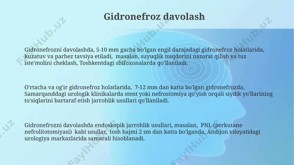 ayollar va 50 yoshdan oshgan erkaklar siydik yo'llari infektsiyalarining oldini olish maqsadida samarqanddagi shifokorga murojaat qilishlari tavsiya etiladi. buyrak toshlarini oldini olishda, kuniga kamida 2 litr suv ichish va kaltsiyga boy mahsulotlarni cheklash, masalan, toshkent viloyatida yetishtiriladigan ba'zi sabzavotlarni kamroq iste'mol qilish muhim ahamiyatga ega. gidronefroz xavfini kamaytirish uchun, 30 yoshdan oshganlar muntazam ravishda, yiliga bir marta, farg'ona viloyatida joylashgan ixtisoslashgan tibbiyot muassasalarida profilaktik tekshiruvdan o'tishlari zarur. gidronefroz sabablari gidronefrozning 20% gacha bo'lgan hollari tug'ma siydik yo'llari anomaliyalari, masalan, uretral stenoz yoki vesikoureteral reflyuks kabi omillar bilan bog'liq bo'lib, dunyoning turli mintaqalarida, jumladan, markaziy osiyo mamlakatlarida ham uchraydi. buyrak toshlari, taxminan 15-25% hollarda gidronefrozga olib keladi, ularning kattaligi va joylashuvi siydik oqimini to'sib qo'yishiga sabab bo'ladi, bu esa buyrak toshlarining ko'p uchraydigan holatlaridan biri bo'lgan o'zbekiston kabi mamlakatlarda muhim muammo hisoblanadi. prostata adenomasining rivojlanishi, ayniqsa 60 yoshdan oshgan erkaklarda, siydik pufagi chiqish joyini toraytirib, siydikning normal oqimini buzadi va gidronefrozga …