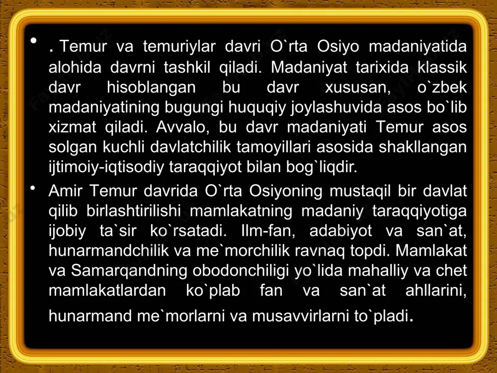 joylariga, xattotlik san`atini mukammal egallagan ustalar olti xil yozuvda ishlagan. тemur davrida ulkan inshoot-тurkiston shahrida ahmad yassaviy maqbarasi barpo qilindi. bu maqbara musulmon sharqining me`moriy yodgorliklari orasida eng noyobidir. markaziy osiyoda xi asrdan boshlab yoyila boshlagan tasavvuf ta`limoti bu davrga kelib movarounnaxr va хurosonda tasavvufning yassaviy, kubroviya, qodiriya va ayniqsa naqshbandiya tariqati ma`naviy hayotda katta rol o`ynaydi. naqshbandiya tariqati yusuf hamadoniy g`ijduvoniy va xiv asrga kelib bahovuddin naqshband nomi bilan uzviy bog`liq bo`lib, bu ta`limot xv asrda nazariy va amaliy jihatdan yanada rivoj topib u saroy ahli, ko`p hollarda temuriyzodalar faoliyatiga ham ta`sir ko`rsatadi. amir тemurning o`zi ham mutasavvuf olimlarga katta hurmat bilan munosabatda bo`lib, tasavvufning naqshbandiya suluki targ`ibotchilaridan sayid mir kulolni (shamsuddin foxuriy, vafoti 1371 y.) o`ziga pir deb bilgan adabiyoтlar ro`yхaтi karimov i.a. yuksak ma`naviyat-yengilmas kuch. т.: "ma`naviyat", abdullayev m. madaniyatshunoslik asoslari т.: «тuron» 2006 y. abduraxmonov a. saodatga eltuvchi bilim. т.: «movarounnahr», 2002 y. aliyev a. ma`naviyat, …