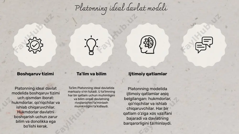 o'rin tutadi. uning davlat nazariyasi ko'plab zamonaviy demokratiya va adolat tushunchalarida aks etgan. zamonaviy siyosatdagi o'rni platonga ko'ra, adolat va davlat boshqaruvi asoslari zamonaviy demokratik jarayonlarga ta'sir ko'rsatmoqda. uning fikrlari bugungi siyosiy muhokamalar uchun asos yaratgan. platonning g'oyalaridan kelib chiqib, davlat va jamiyatning rivojlanishi, adolat va bilim berish tizimlari bo'yicha ko'plab yangi kontseptsiyalar ishlab chiqilgan. kelajakda platonning g'oyalari yangi texnologiyalar va ijtimoiy o'zgarishlar jarayonida qanday qo'llanishi mumkinligi haqida tadqiqotlar olib borilmoqda. jamiyat va davlat falsafiy ta'sir kelajak rejalari platon va zamonaviy davlat: ta'sir va istiqbollar platonning siyosiy falsafasi hozirgi zamonaviy davlat tizimlariga kuchli ta'sir ko'rsatmoqda. uning "ideal davlat" konsepsiyasi bugungi kunda demokratiya va adolat tamoyillarini shakllantirishda muhim rol o'ynaydi. platon davlat boshqaruvida adolat, bilim va fazilatlarning ahamiyatini ta'kidlagan, bu esa zamonaviy siyosiy tizimlarning asoschilariga ilhom bergan. platonning zamonaviy davlat tizimlariga ta'siri platonning g'oyalari kelajakda ham dolzarb bo'lib qolishi mumkin. ijtimoiy o'zgarishlar va global muammolar fonida uning adolat va bilimga asoslangan …