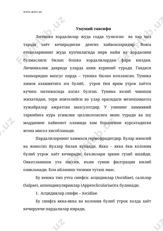 ди. баъзи бир асцидияларнинг туникаси юпка, силлик яримтиник, безсимон булса, бошка бирлари – калин ва буртмали булади. айрим турларида туника эктодермага махкам ёпишиб турса, бошкаларида туника факат огиз ва клоака сифонлари атрофларида кушилади. туниканинг остида тери эпителийсидан тузилган тери-мускул халтаси ёки мантия жойлашади. сифонлар атрофида бу тешикларни очиб ёпувчи махсус халкасимон мускул богламлари жойлашади. мантий каватининг мускулатурасини кискариши ва бушаши натижасида огиз сифонининг ички деворидаги киприкчалар тебранади ва бунинг окибатида халкумга сув ютилади. 1- расм. якка асцидиянинг тузилиши: 1-огиз сифони, 2-клоака сифони, 3-пардаси (туника), 4-мантия энтодермаси, 5-мантиянинг мускул катлами, 6-халкум, 7-халкум бўшлиги, 8-стигмалари, 9-эндостиль, 10-орка эгати, 11-жабра олди бўшлиги, 12-жабра олди бўшлигининг девори, 13-ошкозони, 14-жигар ўсимталари, 15-анал тешиги, 16-уругдони, 17-тухумдони, 18-жинсий безларининг найлари, 19-юрак олди халтаси, 20-юрак, 21-ичак туткич, 22-нерв тугунчаси. нерв тизими. вояга етган асцидиянинг марказий нерв тизими, огиз сифони билан клоака сифони уртасида жойлашган кичикрок нерв тугунчасидан иборат. бу тугунчанинг ички бушлиги, яъни невроцели булмайди ва яхлит нерв …