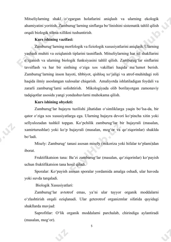 arni muhokama qilish. kurs ishining obyekti: zamburugʻlar hujayra tuzilishi jihatidan o‘simliklarga yaqin bo‘lsa-da, bir qator o‘ziga xos xususiyatlarga ega. ularning hujayra devori ko‘pincha xitin yoki sellyulozadan tashkil topgan. ko‘pchilik zamburugʻlar bir hujayrali (masalan, xamirturushlar) yoki ko‘p hujayrali (masalan, mog‘or va qo‘ziqorinlar) shaklda bo‘ladi. misely: zamburugʻ tanasi asosan misely (mikoriza yoki hifalar to‘plami)dan iborat. fruktifikatsion tana: baʼzi zamburugʻlar (masalan, qo‘ziqorinlar) ko‘payish uchun fruktifikatsion tana hosil qiladi. sporalar: ko‘payish asosan sporalar yordamida amalga oshadi, ular havoda yoki suvda tarqaladi. biologik xususiyatlari: zamburugʻlar avtotrof emas, yaʼni ular tayyor organik moddalarni o‘zlashtirish orqali oziqlanadi. ular geterotrof organizmlar sifatida quyidagi shakllarda mavjud: saprofitlar: o‘lik organik moddalarni parchalab, chirindiga aylantiradi (masalan, mog‘or). parazitlar: tirik organizmlar hisobidan oziqlanadi (masalan, zang va qoramtir zamburugʻlar). simbiotiklar: boshqa organizmlar bilan hamkorlikda yashaydi (masalan, mikoriza va lishayniklar). energiya manbai sifatida organik moddalarni fermentlar yordamida parchalaydi va so‘ngra hujayra ichiga singdiradi. kurs ishining predmenti: ekologik roli: zamburugʻlar tabiatda muhim ekologik vazifalarni bajaradi: …