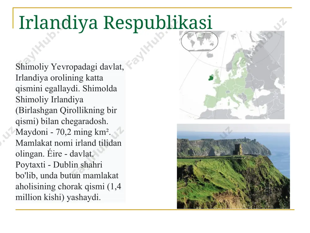 tning ushbu sektorida yaimning qariyb 80% ni tashkil qiladi. 2 million gektargacha yaylovda foydalaniladi, aholisi 11 million parranda, 7 million qoramol, 4 million qoʻy boqiladi. bu tarmoqning asosiy mahsulotlari sut va sut mahsulotlari, mol goʻshti, jun hisoblanadi. irlandiya iqtisodiyoti irlandiya respublikasining iqtisodiy tizimi zamonaviy, nisbatan kichik, savdoga bog'liq bo'lgan iqtisodiyot bo'lib, u yiliga o’rtacha 10% ga o’sib bormoqda. bir paytlar tizimda ustun rol o‘ynagan qishloq xo‘jaligi sektori endi sanoat sektoriga almashtirilmoqda; yalpi ichki mahsulotning 46%, eksportning 80% ga yaqini va ishchi kuchining 29% sanoat sektori hissasiga toʻgʻri keladi. irlandiya eksportida mashina va uskunalar, kompyuterlar, kimyoviy moddalar, farmatsevtika mahsulotlari, tirik qoramol va chorvachilik mahsulotlari ustunlik qiladi. import doimiy ravishda eksportdan oshib ketadi. tashqi savdo taqchilligi turizmdan olingan daromadlar, shuningdek, emigratsiyaga ketgan qarindoshlarning pul o‘tkazmalari hisobidan qoplanadi. irlandiya ekonomikasi qishloq xo'jalig'i, sanoat, turizm, axborot texnologiyalari, moliya sohasi va xizmatlar kabi turli sohalarni o'z ichiga oladi. o'tgan on yillar davomida irlandiya qandaydir kam …