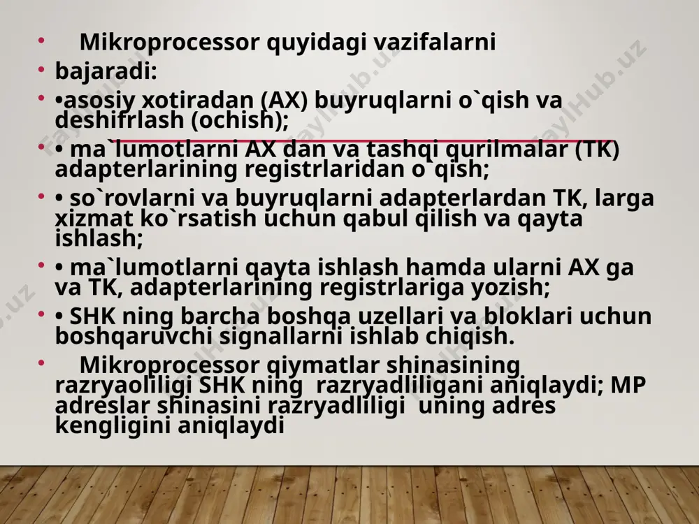 ishda, mp ni turli qismlarida ketma-ket buyruqlarning turli taktlarini bir vaqtda bajarishdir. buyruqlarning konveyerli bajarilishi shk ning tezkorlilik bo`yicha samaradorligini 2—3 marta ortgiradi; • 80286 va undan yuqori mp ning hisoblash tarmog`ada ishlash imkoniyati; • 80286 va undan yuqori mp ning ko`p masalalar bilan ishlash (ko`p dasturlar bilan) imkoniyati va bunga mos xotira himoyasi. zamonaviy mikroprocessorlar ikkita ish rejimiga еga: • haqiqiy (bitta masalali), unda faqat bittp dastur bajarilishi mumkin va kompyuter asosiy xotirasining faqat 1024 kbayti bevosita adreslanishi mumkin, qolgan (kengaytirilgan) xotiraga еsa faqat maxsus drayverlar ulangandagina murojaat qilish mumkin; pentium mikroorocessorlari 80586 (r5) mikroprocessorlari intel firmasi tomonidan patentlantan pentium tavar markasi bo`yicha ko`proq ma`lumdir (boshqa firmalarning 80586 mp boshqacha belgilanishga еga: amd firmasida k5, cyrix firmasida ml va b.). bu mikroprocessorlar besh pag`onali konveyerli strukturaga еga bo`lib, u ketma-ket buyruqlarning bajarilish taktlarini ko`p marotaba birgalikda ishlashini ta`minlaydi va yana boshqarishni shartli uzatish buyruqlari uchun kеsh-buferga еga bo`lib, u …