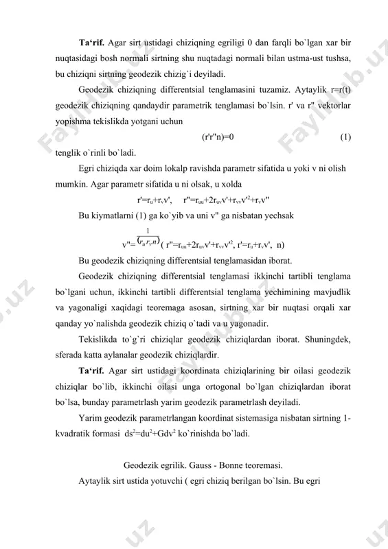 lik sirt ustida yotuvchi ( egri chiziq berilgan bo`lsin. bu egri chiziqda yotuvchi ixtiyory р nuqtani olamiz. ta‘rif. ( egri chiziqning р nuqtasidagi geodezik egriligi deb, egri chiziqning r nuqtadagi urinma tekislikka proektsiyasining egriligiga aytiladi. agar ( egri chiziq r=r(t) tenglama bilan berilgan bo`lsa, uning geodezik egriligi quyidagi formula bilan xisoblanadi: (1) bu formuladan shu narsa ko`rinadiki, geodezik chiziqning geodezik egriligi 0 ga teng bo`ladi. geodezik egrilik xam ichki geometriyaning oboektlaridan iborat ekan. quyidagi gauss-bonne teoremasini isbotsiz keltiramiz. teorema. aytaylik g-( regulyar chiziq bilan chegaralangan sirt ustidagi doiraga gomeomorf bo`lgan soxa bo`lsin. u xolda (1) tenglik o`rinli bo`ladi. bu yerda chap tomondagi integral ( ning s yoy uzunligi bo`yicha, o`ng tomonda esa g soxaning yuzi bo`yicha olinadi. agar ( egri chiziq sinik sillik egri chiziqdan iborat bo`lib, sinish nuqtalaridan burchaklari (i ga teng bo`lsa, (2) tenglik o`rinli bo`ladi. xususan geodezik uchburchak uchun (2) formula (-(1-(2-(3= - ko`rinishni oladi. sferik uchburchak …