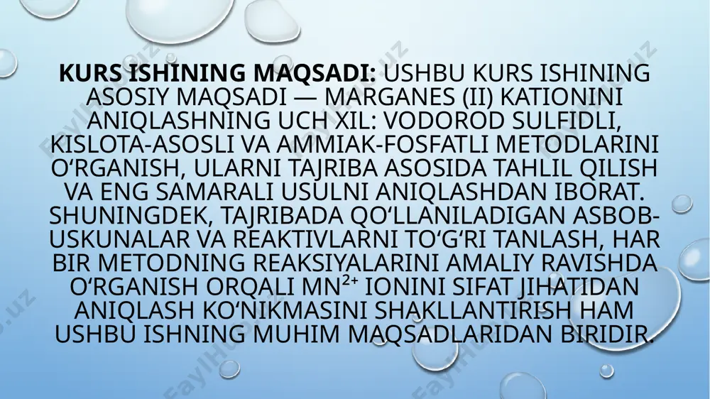 imyoviy reaksiyalarni samarali amalga oshirish uchun kerak. o‘lchov silindri suv yoki boshqa eritmalarning miqdorini aniq o‘lchashda ishlatiladi. o‘lchash aniqligi kimyoviy reaksiyaning muvaffaqiyatiga ta’sir ko‘rsatadi. qo‘lqop va himoya ko‘zoynagi xavfsizlikni ta’minlash uchun zarur. kimyoviy moddalar bilan ishlashda inson sog‘lig‘ini himoya qilish uchun. spirtli lampa yoki elektr plitka eritmalarni qizdirish yoki issiqlik ta’sirida kimyoviy reaksiyalarni tezlashtirish uchun kerak bo‘ladi. distillangan suv eritmalarni tayyorlashda yoki ularni yuvishda ishlatiladi, dushman ionlaridan xoli bo‘lgan suv reaksiyalarni to‘g‘ri olib borish uchun muhimdir. laboratoriya jurnali va ruchka tajriba natijalarini qayd etish va tahlil qilish uchun zarur. tajriba shartlari va natijalarini to‘g‘ri hujjatlashtirish ilmiy ishning asosi hisoblanadi. reaktivlar ilmiy maqsadi va ishlatilish sohasi marganes(ii) xlorid (mncl₂) mn²⁺ kationini manbai. kimyoviy sintezda marganes(ii) kationlari bilan reaksiya o'tkazish uchun ishlatiladi. natriy gidroksid (naoh) eritmasi ishqoriy muhit hosil qilish. mn²⁺ ionlari bilan reaksiyaga kirishadi, cho‘kma hosil qilish uchun zarur. naoh ishlatish orqali mn²⁺ ni mn(oh)₂ ga aylantirish mumkin. ammiak eritmasi (nh₄oh) …