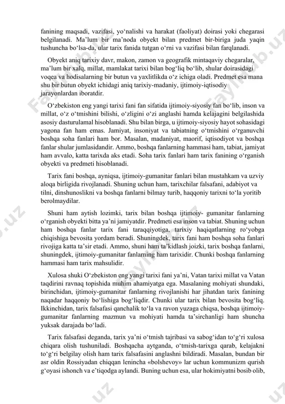 a hodisalar, hujjat va dalillarning haqiqiy va haqiqiy emasligi, ular qachon, qayerda, qanday tarixiy muhit va sharoitlarda tarixan voqe bo‘lganligi aniqlanadi. va nihoyat, bo‘lib o‘tgan voqeliklarning aniq sabab va oqibatlari, shu bilan birga, ularning aniq shakl-shamoyillari va holati aniqlanadi. uchinchidan, o‘zbekistonning eng yangi tarixi fani o‘tmishdagi iqtisodiy-ijtimoiy hayotning ahvoli, rivojlanishi va tanazzulining sabab hamda oqibatlarini o‘rganadi, ulardan kelajak uchun saboq va xulosa chiqaradi. bu esa kelajak avlodlar uchun dasturulamal bo‘ladi. to‘rtinchidan, o‘zbekistonning eng yangi tarixi fani ko‘p qirralik va xilma-xillik xususiyatiga ega. u jamiyat taraqqiyoti va inqirozlarining faqat bir tomoninigina emas, balki jamiyatning hamma tomonlarini uzviy o‘zaro bog‘liqlikda, bir butunlikda o‘rganadi. o‘zbekistonning eng yangi tarixi fani, o‘zbekistonning o‘tmishidagi va hozirgi hududida eng qadimgi davrlardan to hozirgacha kechgan voqeliklar, insoniyat hayoti, tabiat va jamiyat taraqqiyoti va tanazzulini tahlil qiladi. uning o‘rganish predmetiga esa, mana shu makondagi jamiki xilma-xil voqea va hodisalar, ulardagi umumiy aloqadorlik va yaxlit birlik hamda qonuniyatlar hodisasi va …