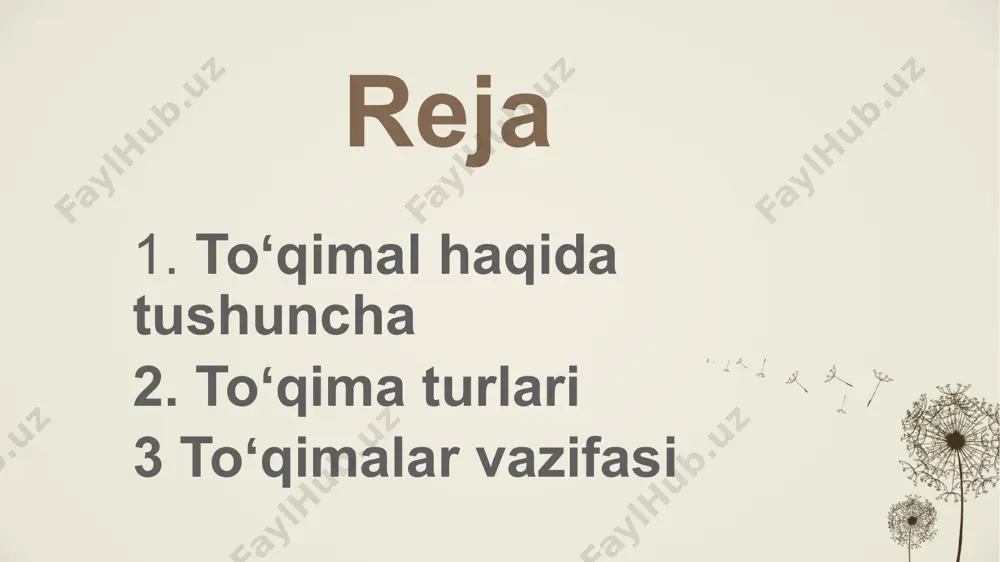 hakli yassi epiteliy – teri sirtida, himoya funktsiyasini bajaradi. o‘tuvchi epiteliy – siydik pufagida, siydik yo‘llarida. biriktiruvchi to‘qimaning turlari 1. bo‘shoq (yumshoq) biriktiruvchi to‘qima organlar orasini to‘ldirib, ularni bog‘lab turadi. joylashuvi: teri osti qavati, organlar atrofida. hujayralari: fibroblastlar, makrofaglar. funktsiyasi: oziqlantirish, himoya qilish, elastiklik. mushak to‘qimasining umumiy xususiyatlari: qisqarish va bo‘shashish xususiyatiga ega. miofibrillalar (aktin va miozin tolalari) mavjud. ko‘p energiya talab qiladi, shuning uchun mitoxondriyalar ko‘p. turiga qarab ongli yoki avtomatik boshqarilishi mumkin. asab to‘qimasining asosiy xususiyatlari: tashqi va ichki muhitdan signallarni qabul qiladi va ularga javob qaytaradi. impulslarni tez va samarali uzatish qobiliyatiga ega. o‘z-o‘zini boshqarish va reflektor javoblarni ta’minlaydi. regeneratsiya qobiliyati zaif yoki umuman yo‘q (ayniqsa, markaziy nerv tizimida). eʼtiboringiz uchun tashakkur image1.png